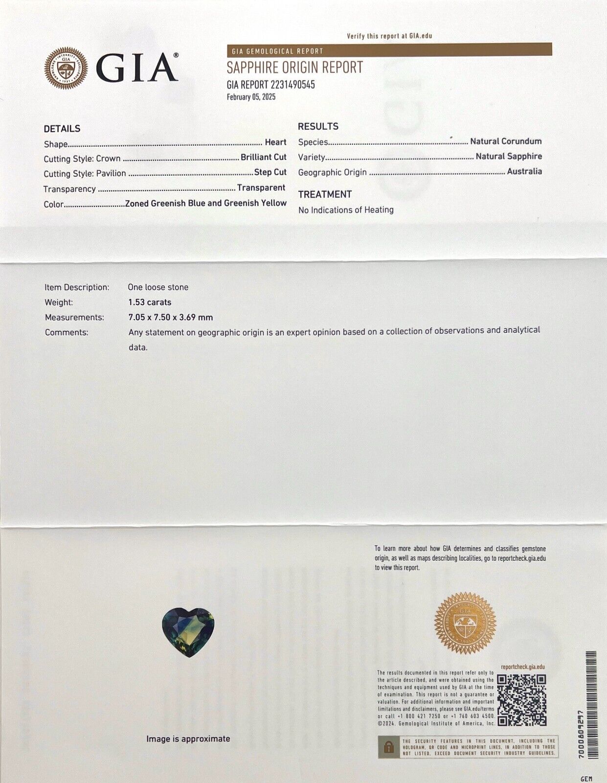 GIA CERTIFIED 1.53ct Bi Colour Australian UNTREATED Sapphire Yellow Blue Heart — view 3