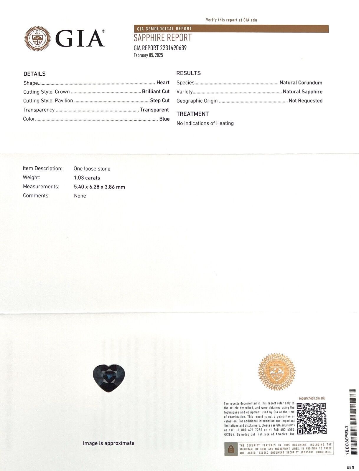 GIA CERTIFIED 1.03ct Deep Blue Sapphire UNTREATED Heart Cut NATURAL 6.2x5.4mm — view 2