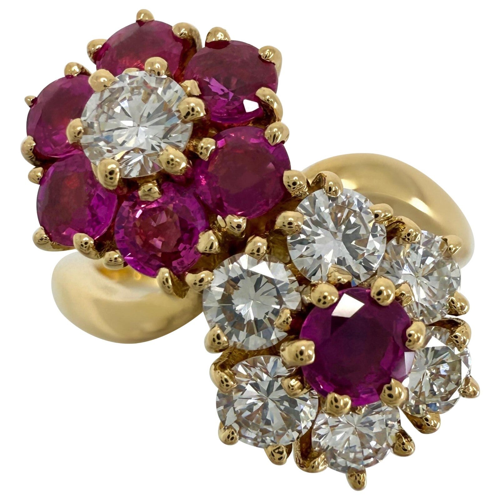 Rare Vintage Van Cleef & Arpels Ruby & Diamond Fleurette Flower 18k Gold Ring