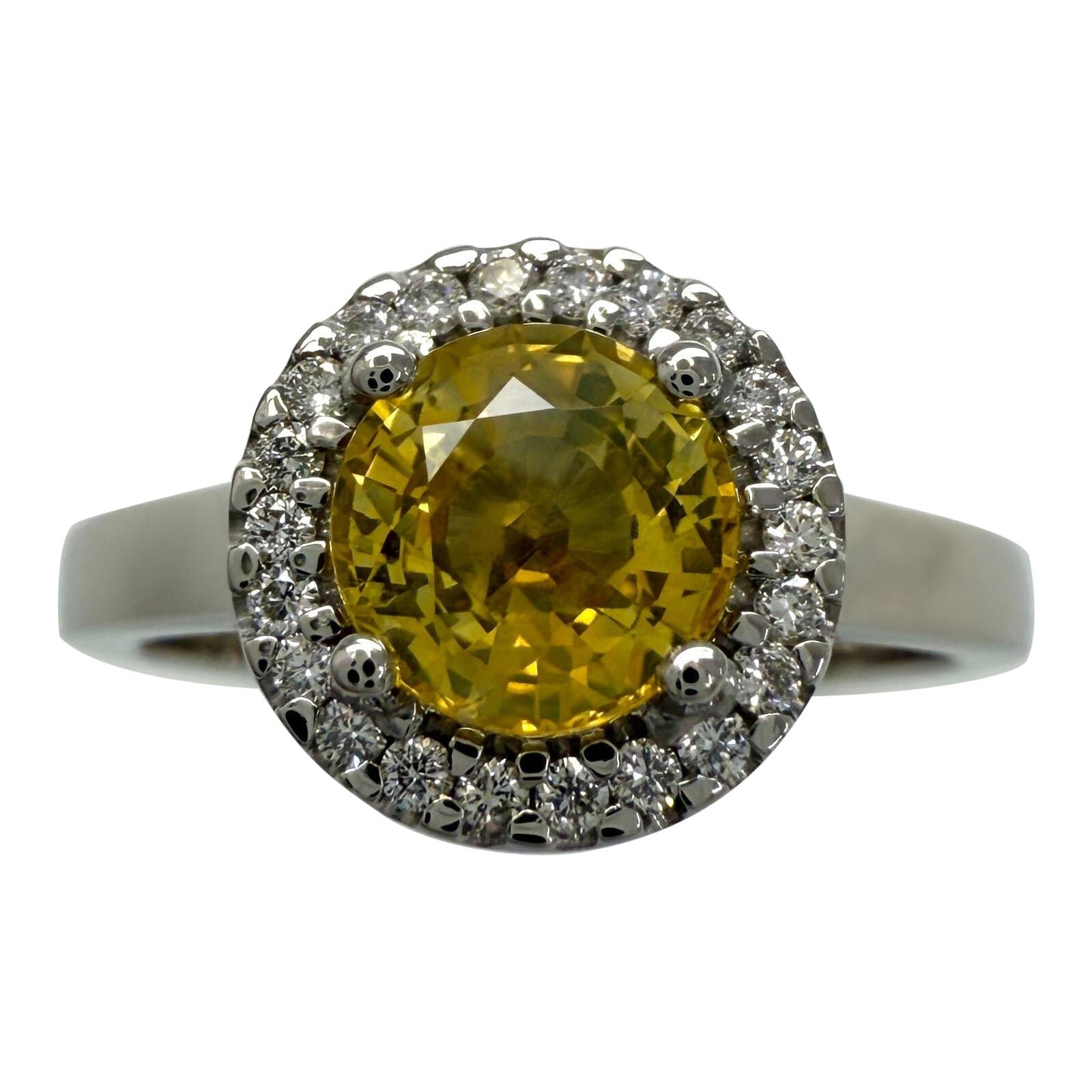 1.36ct Vivid Yellow Round Cut Natural Sapphire & Diamond Platinum Halo Ring