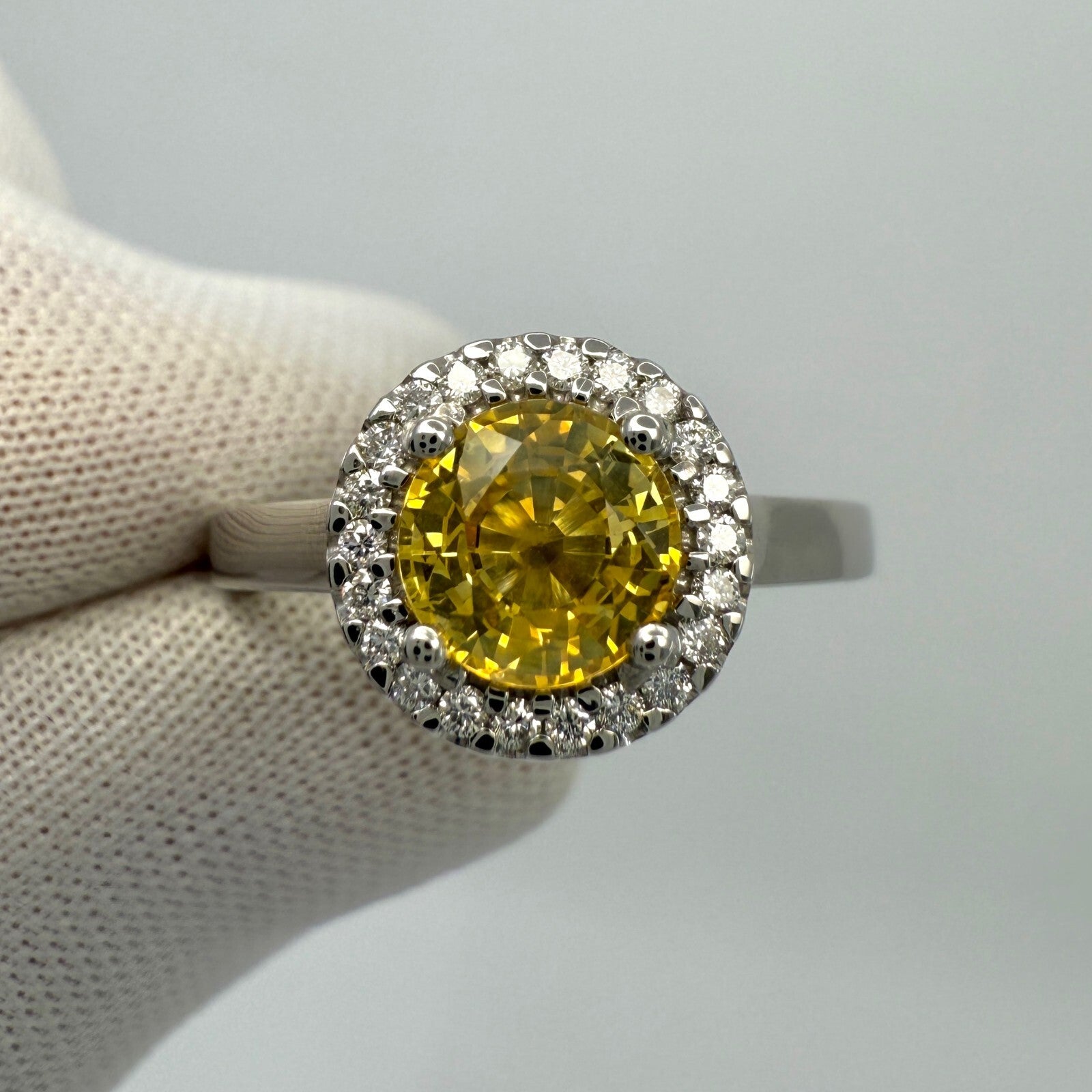 1.36ct Vivid Yellow Round Cut Natural Sapphire & Diamond Platinum Halo Ring — view 2