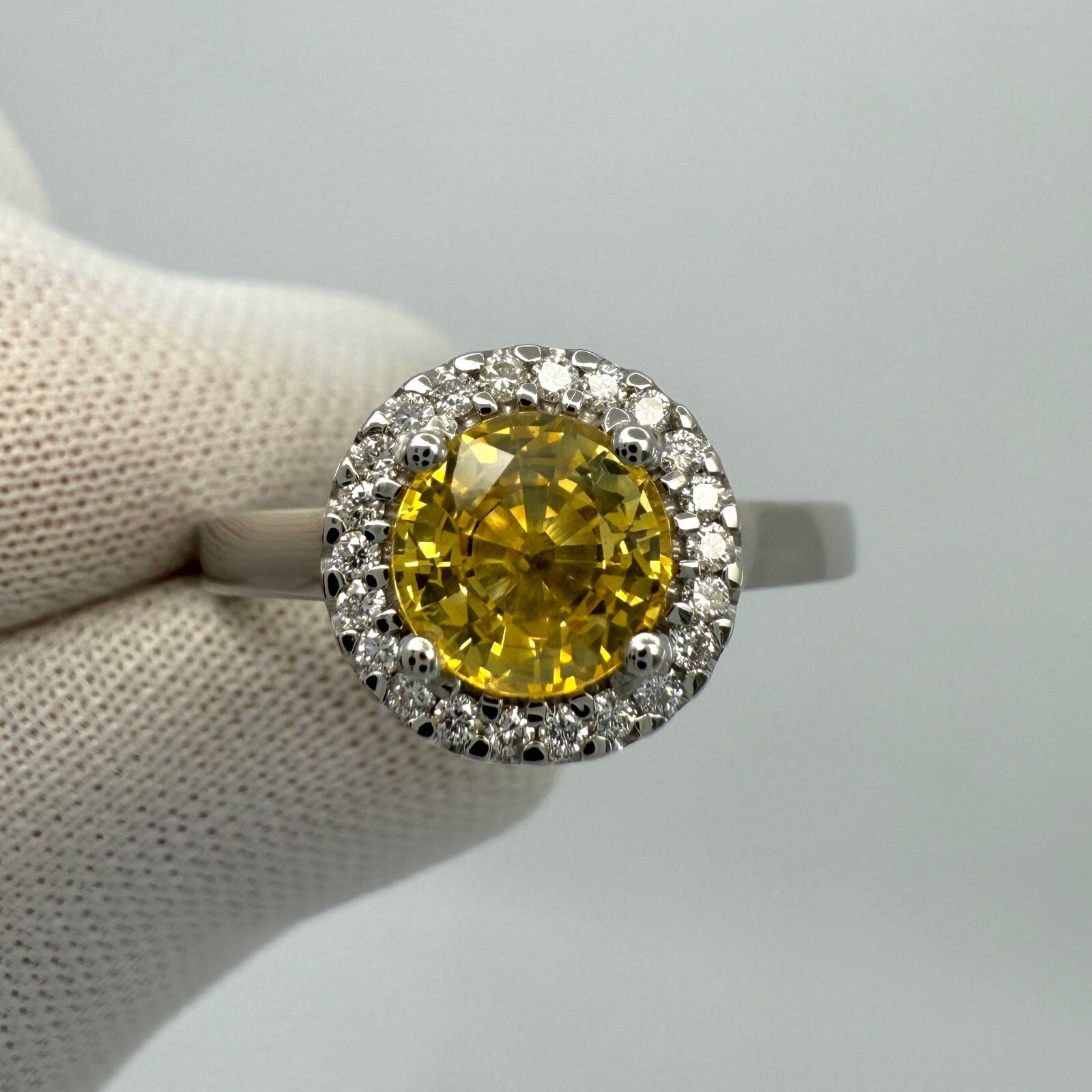 1.36ct Vivid Yellow Round Cut Natural Sapphire & Diamond Platinum Halo Ring — view 4
