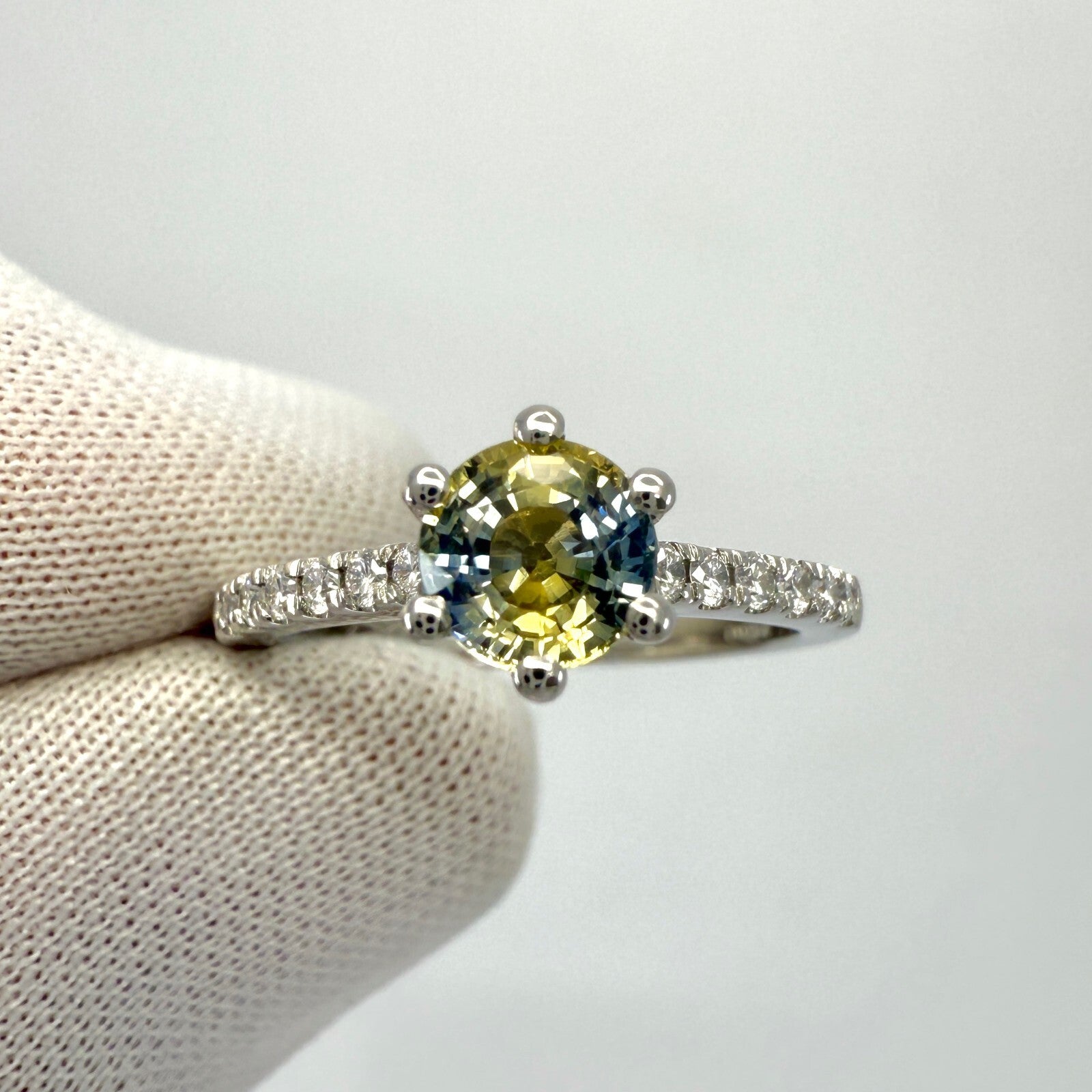 Unique 1.05ct Bi Colour Round Cut Blue Yellow Sapphire & Diamond Platinum Ring — view 2