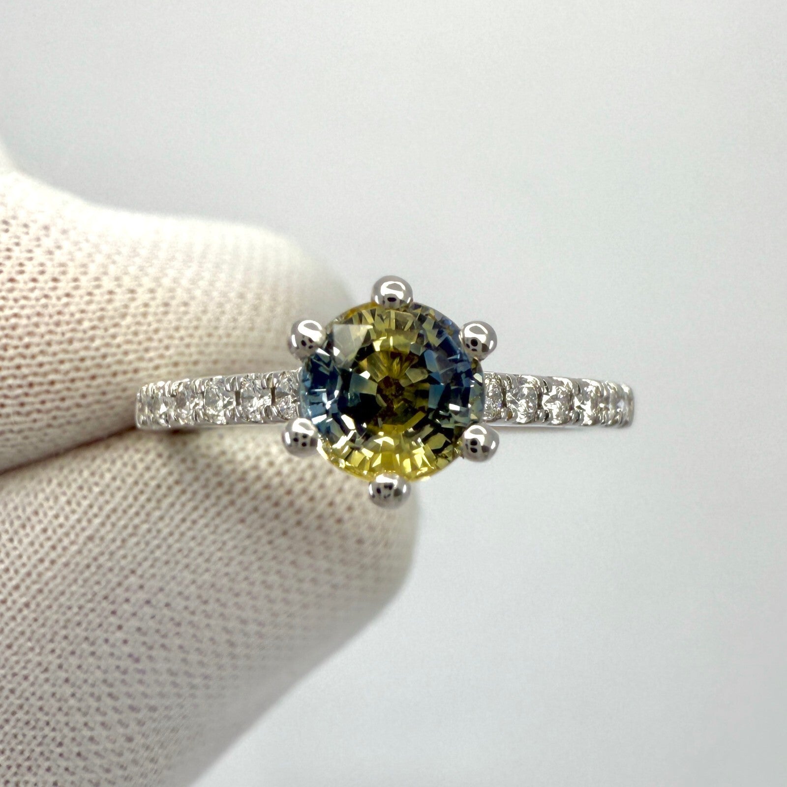 Unique 1.05ct Bi Colour Round Cut Blue Yellow Sapphire & Diamond Platinum Ring — view 3