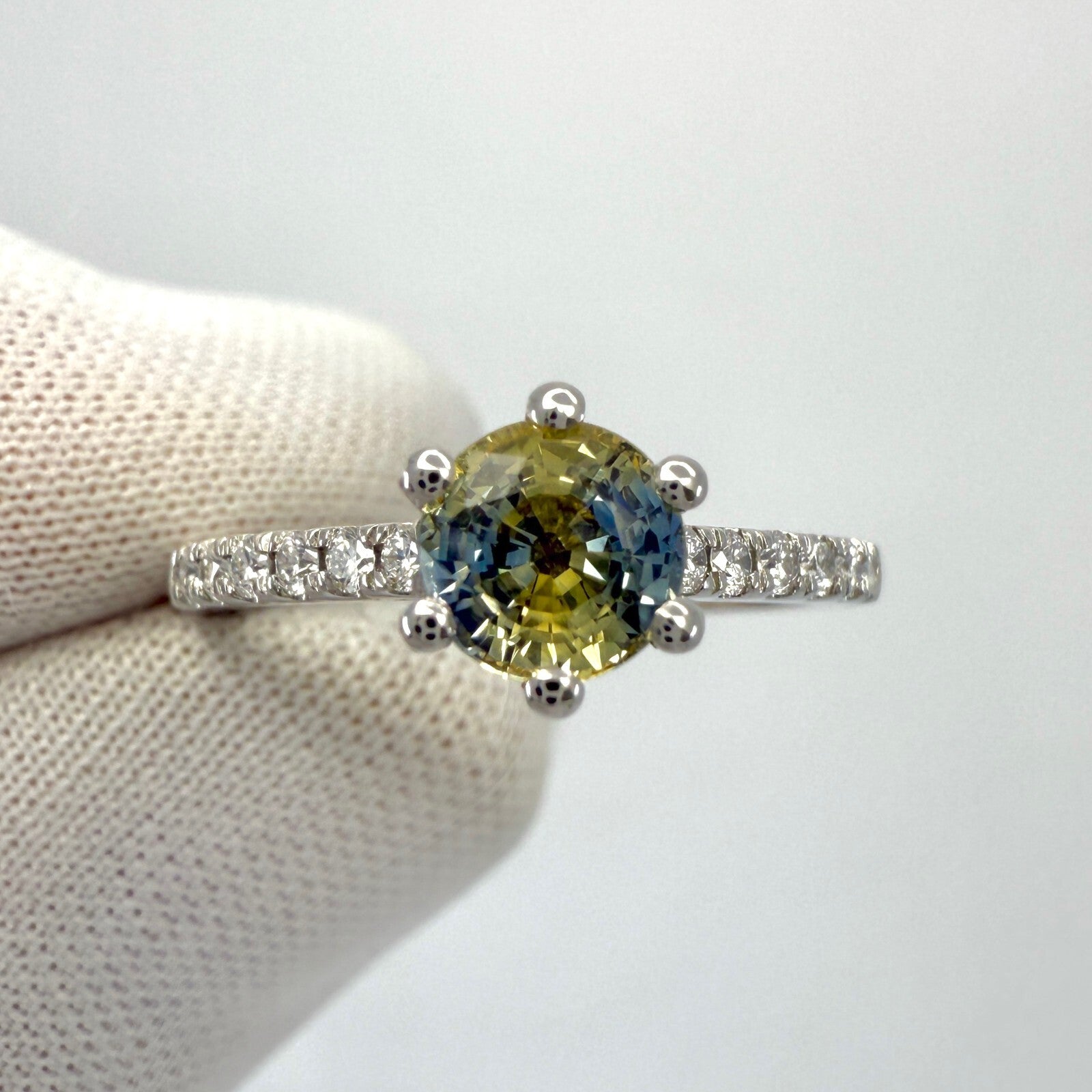 Unique 1.05ct Bi Colour Round Cut Blue Yellow Sapphire & Diamond Platinum Ring — view 5