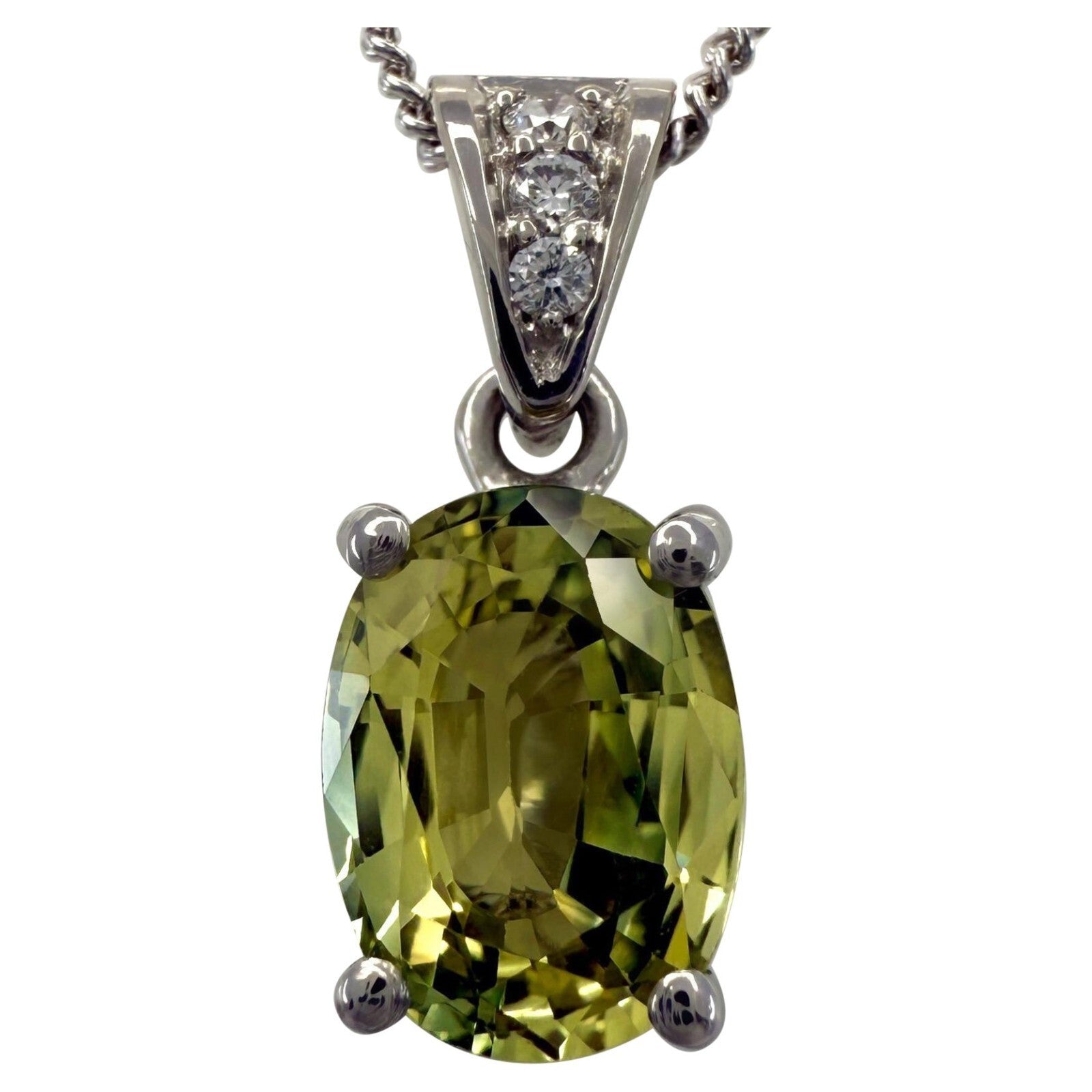 1.58ct Vivid Green Yellow Sapphire & Diamond Platinum Oval Cut Solitaire Pendan