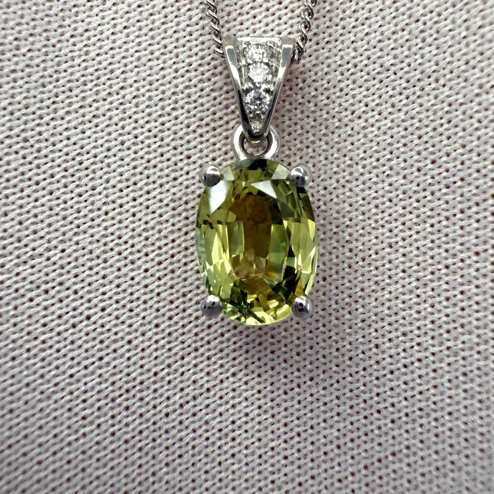 1.58ct Vivid Green Yellow Sapphire & Diamond Platinum Oval Cut Solitaire Pendan — view 2