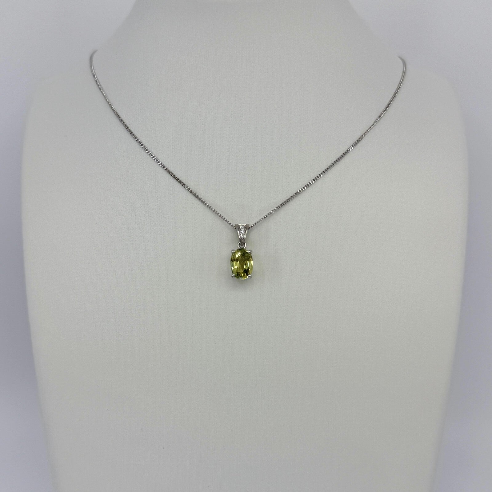 1.58ct Vivid Green Yellow Sapphire & Diamond Platinum Oval Cut Solitaire Pendan — view 3