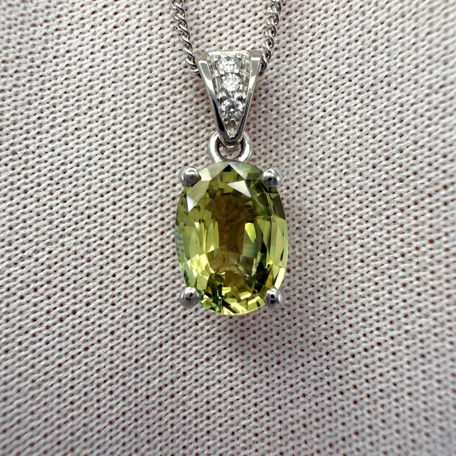 1.58ct Vivid Green Yellow Sapphire & Diamond Platinum Oval Cut Solitaire Pendan — view 4