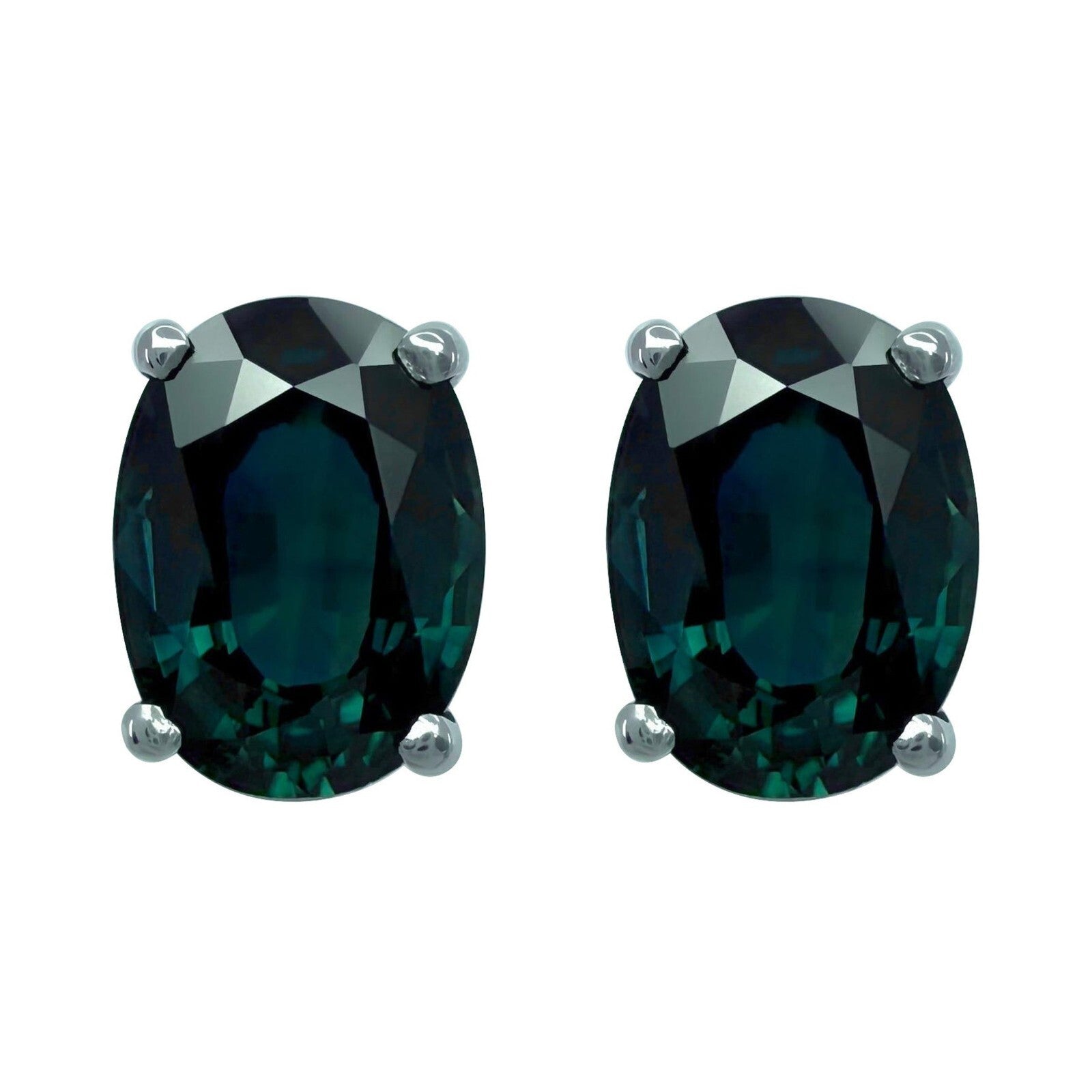 3.55ct Green Blue Teal Sapphire Oval Cut 18k White Gold Solitaire Earring Studs — view 1