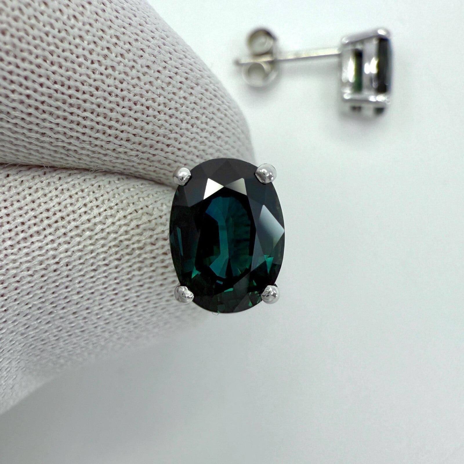 3.55ct Green Blue Teal Sapphire Oval Cut 18k White Gold Solitaire Earring Studs — view 4