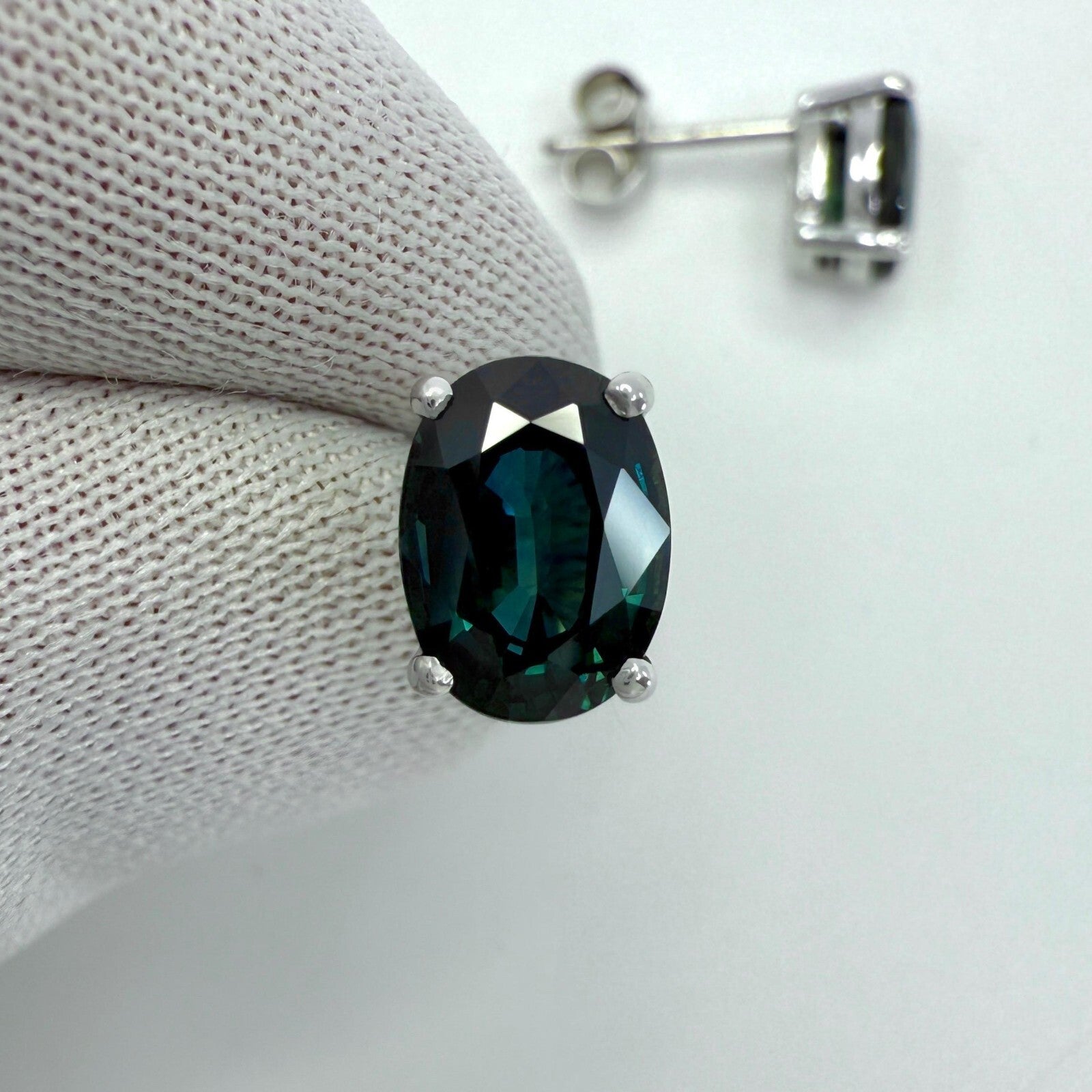 3.55ct Green Blue Teal Sapphire Oval Cut 18k White Gold Solitaire Earring Studs — view 5