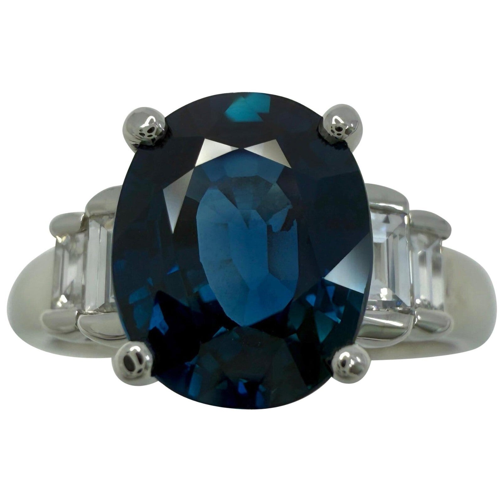 Natural 2.74ct Deep Blue Sapphire & Baguette Diamond Platinum Five Stone Ring — view 1
