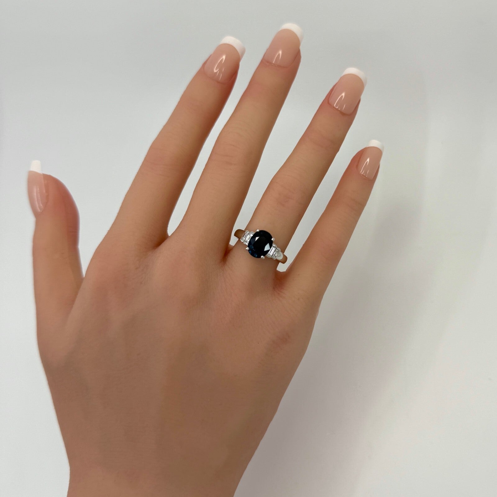 Natural 2.74ct Deep Blue Sapphire & Baguette Diamond Platinum Five Stone Ring — view 3