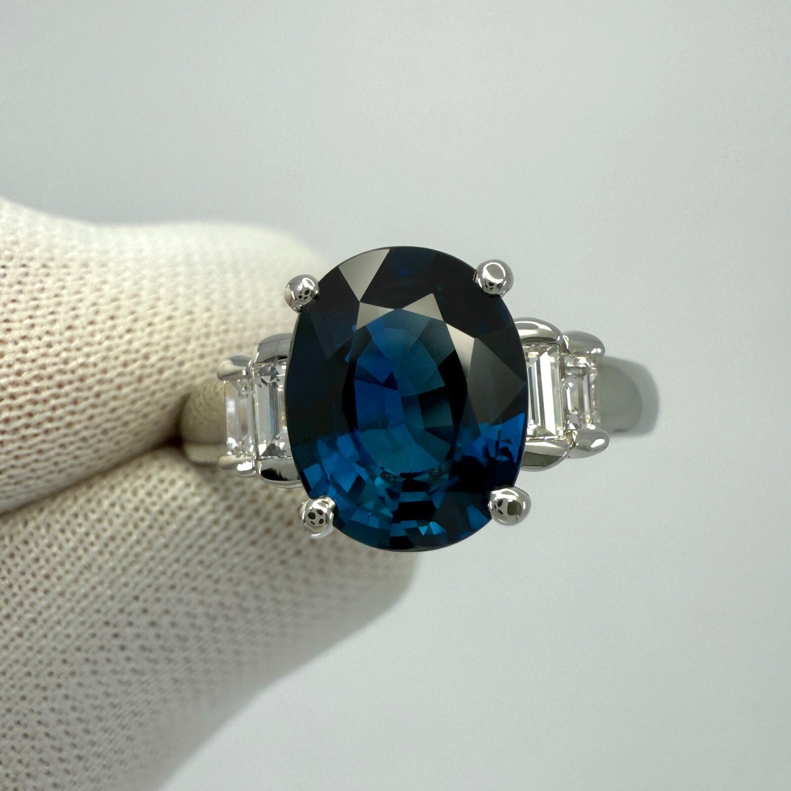 Natural 2.74ct Deep Blue Sapphire & Baguette Diamond Platinum Five Stone Ring — view 4