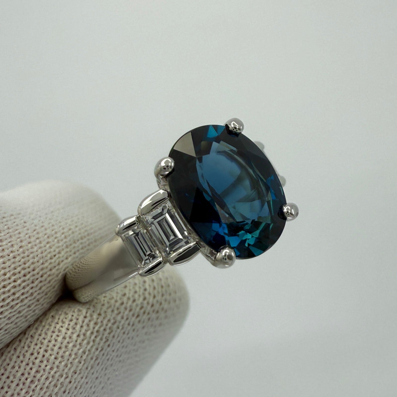 Natural 2.74ct Deep Blue Sapphire & Baguette Diamond Platinum Five Stone Ring — view 5