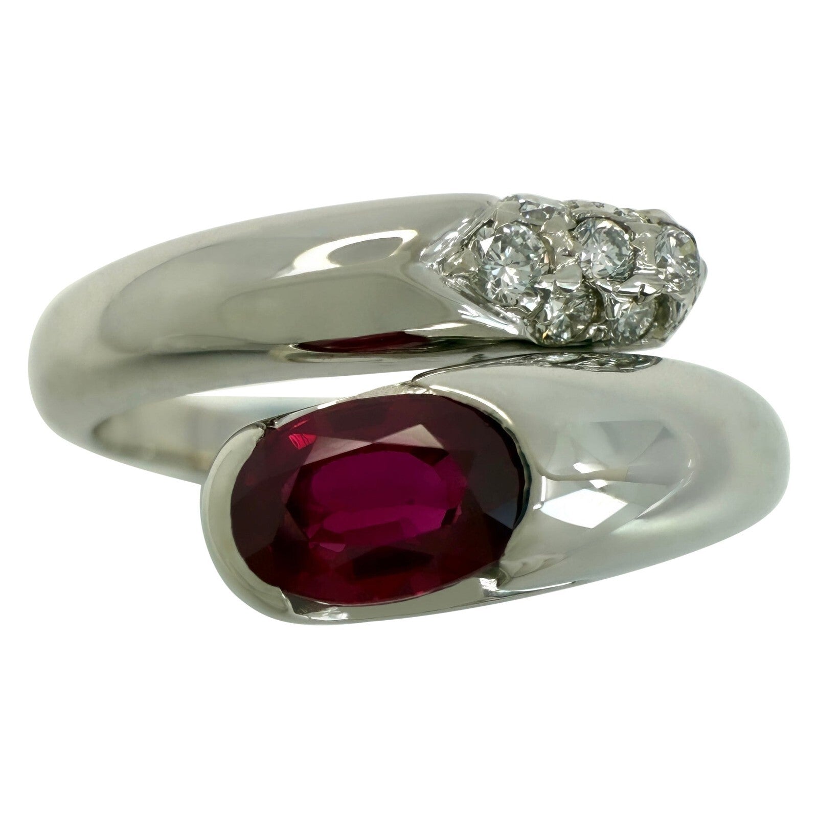 RARE Vintage Bvlgari Astrea Vivid Red Ruby & Diamond 18k White Gold Bypass Ring — view 1
