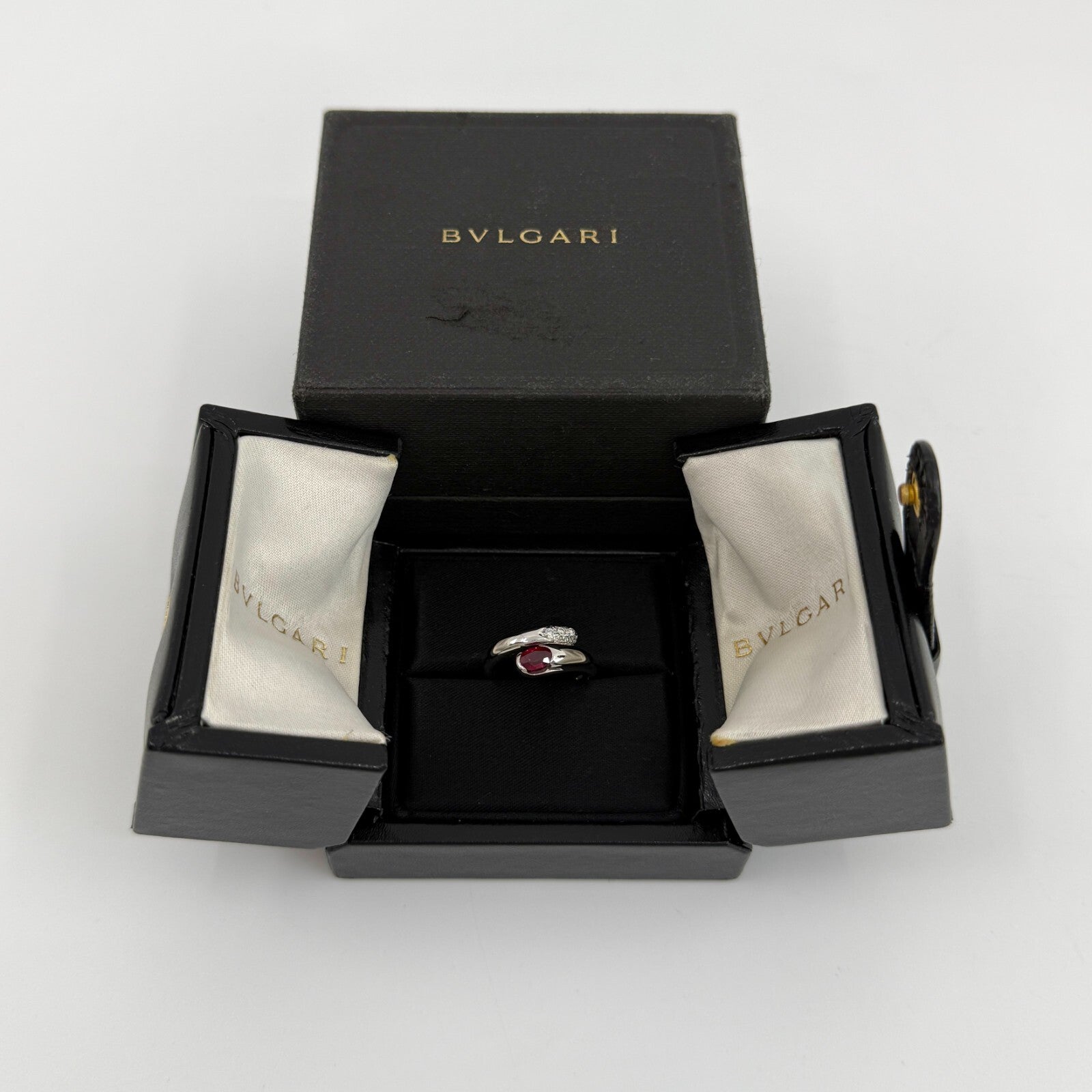 RARE Vintage Bvlgari Astrea Vivid Red Ruby & Diamond 18k White Gold Bypass Ring — view 2