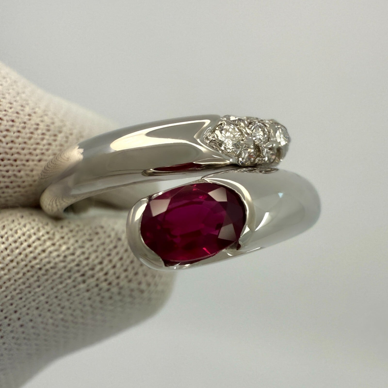 RARE Vintage Bvlgari Astrea Vivid Red Ruby & Diamond 18k White Gold Bypass Ring — view 3