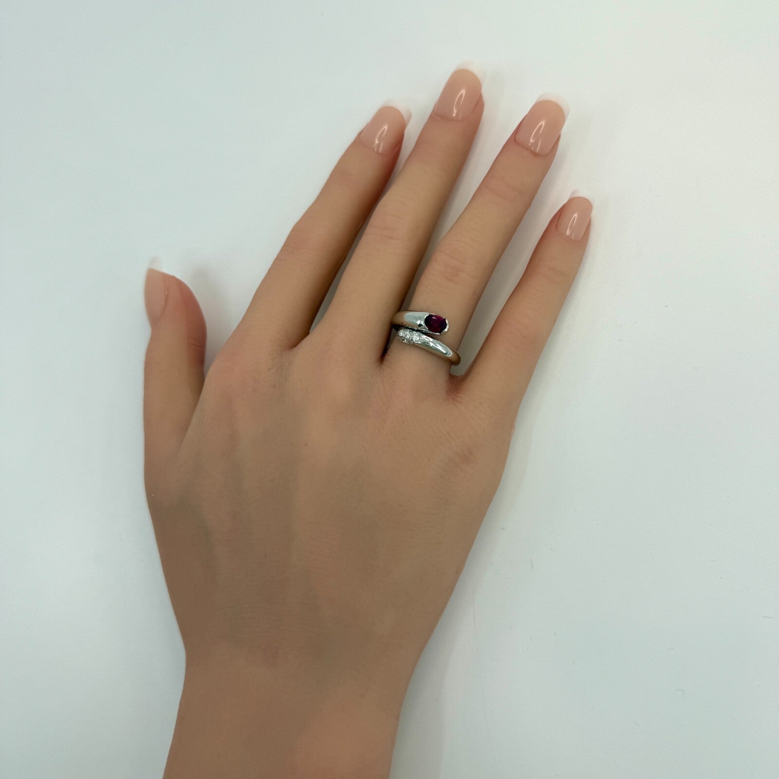 RARE Vintage Bvlgari Astrea Vivid Red Ruby & Diamond 18k White Gold Bypass Ring — view 4