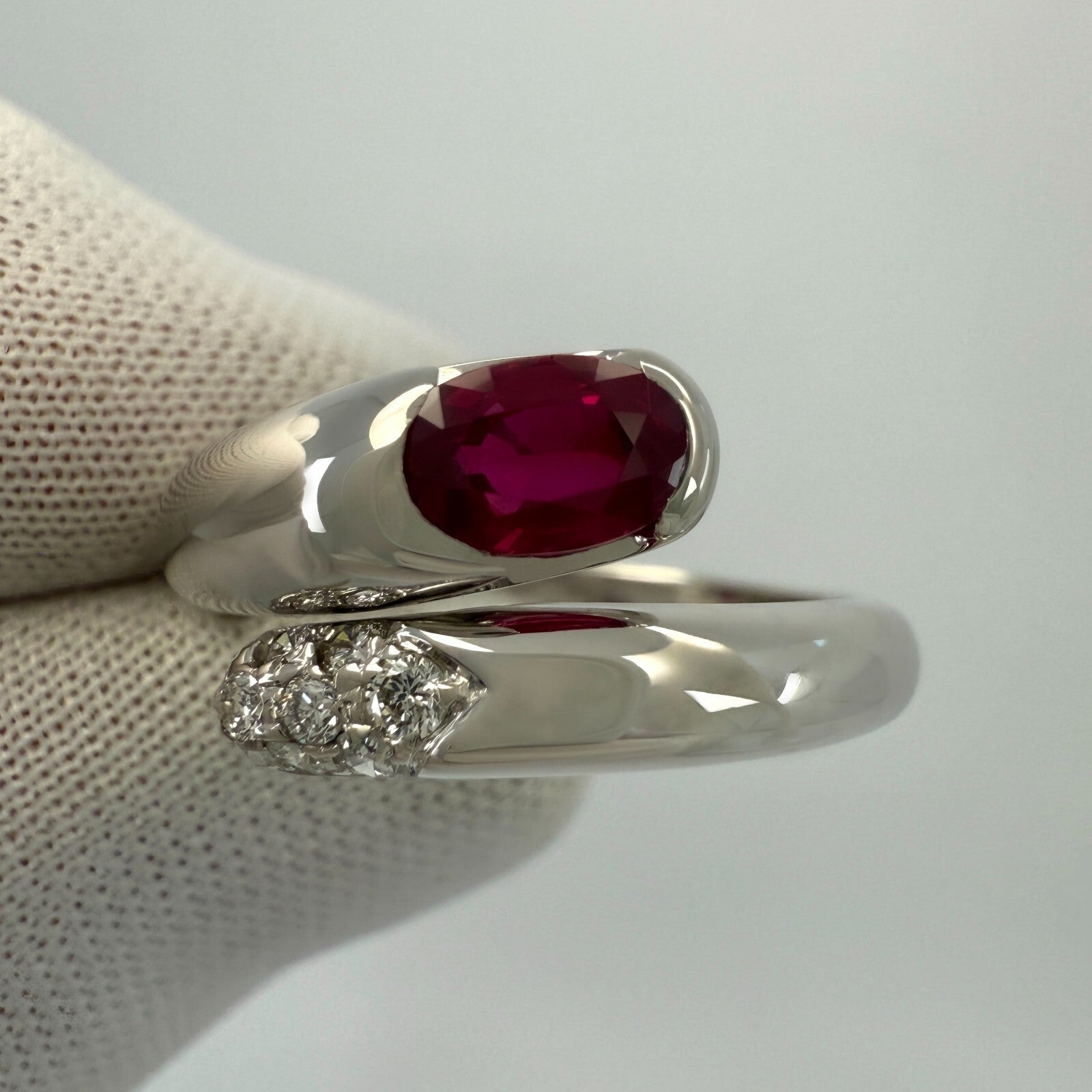 RARE Vintage Bvlgari Astrea Vivid Red Ruby & Diamond 18k White Gold Bypass Ring — view 5