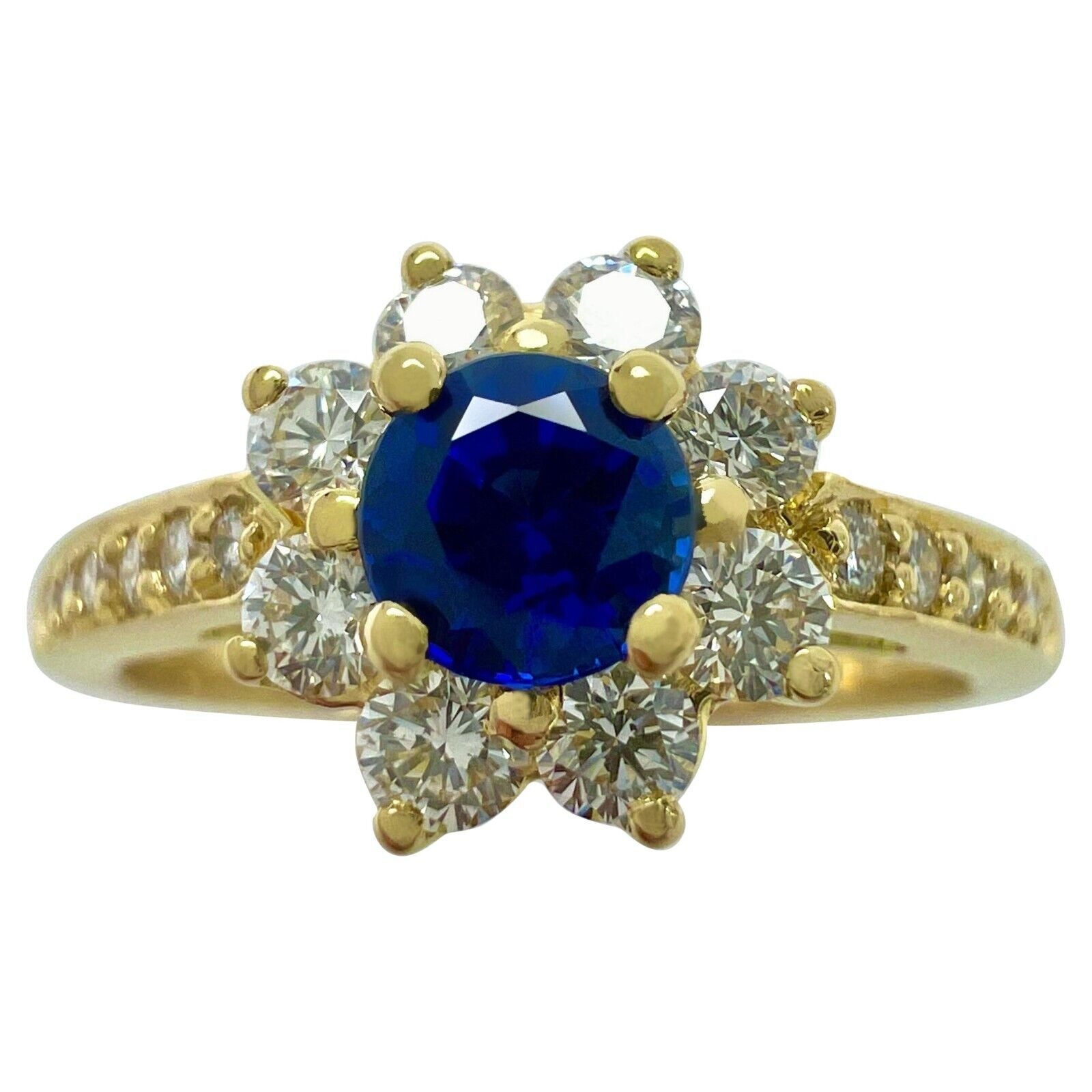 Tiffany & Co. Cornflower Blue Round Sapphire Diamond Flower 18k Yellow Gold Ring — view 1