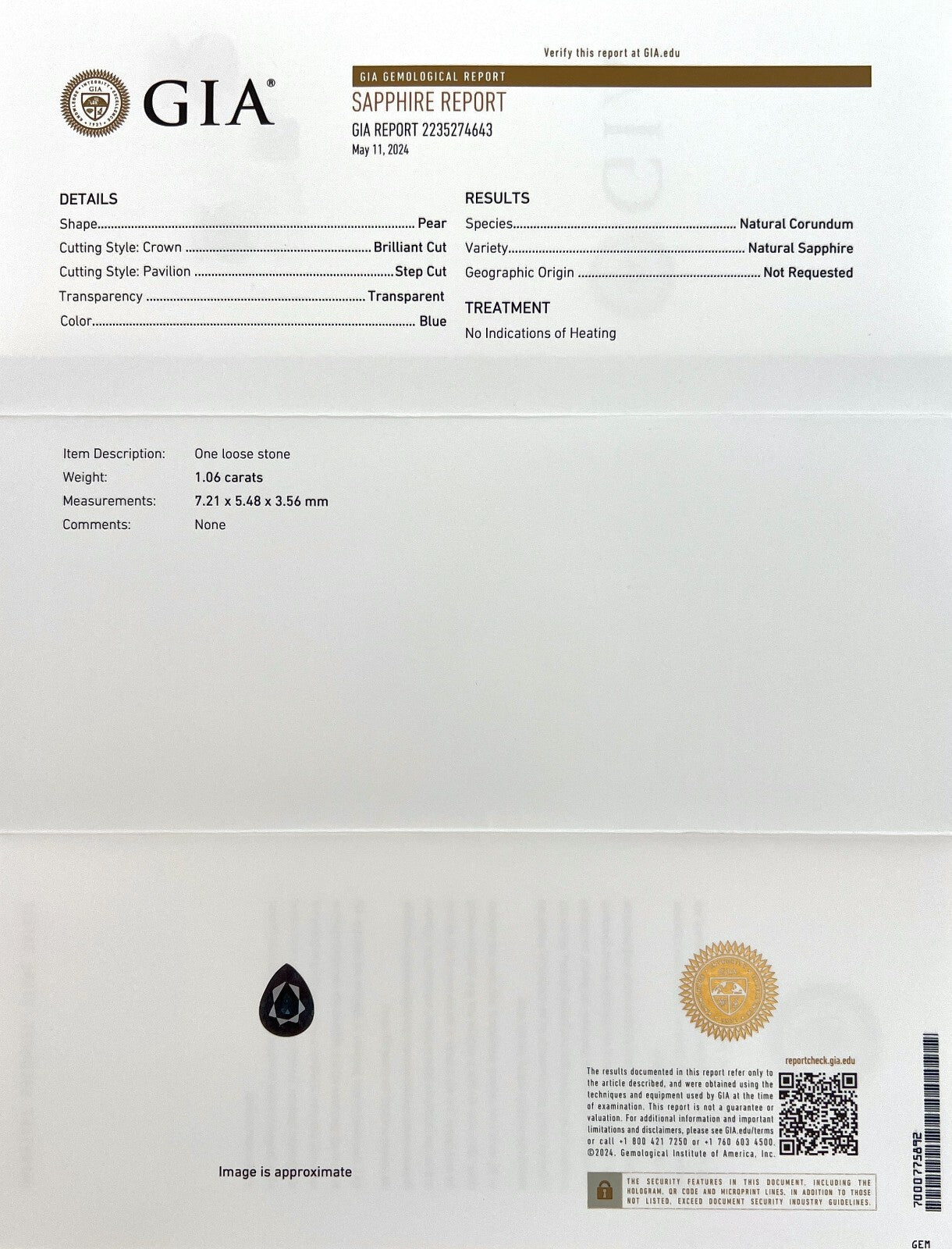 1.06ct GIA CERTIFIED Untreated DEEP Blue Sapphire Blue Pear Teardrop 7.2x5.4mm — view 2