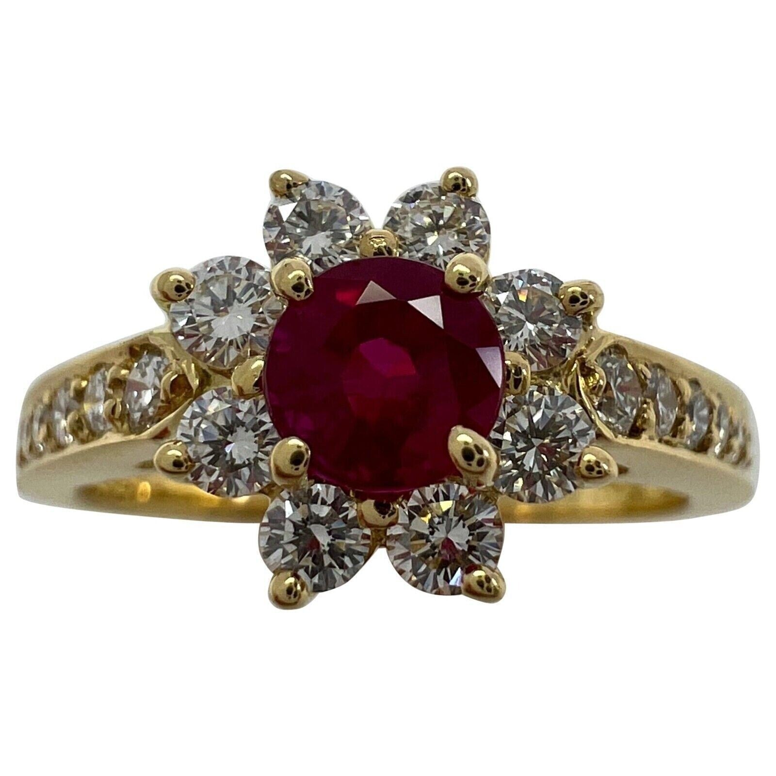 Rare Vintage Tiffany & Co. Red Ruby Diamond Flower 18k Yellow Gold Cluster Ring — view 1