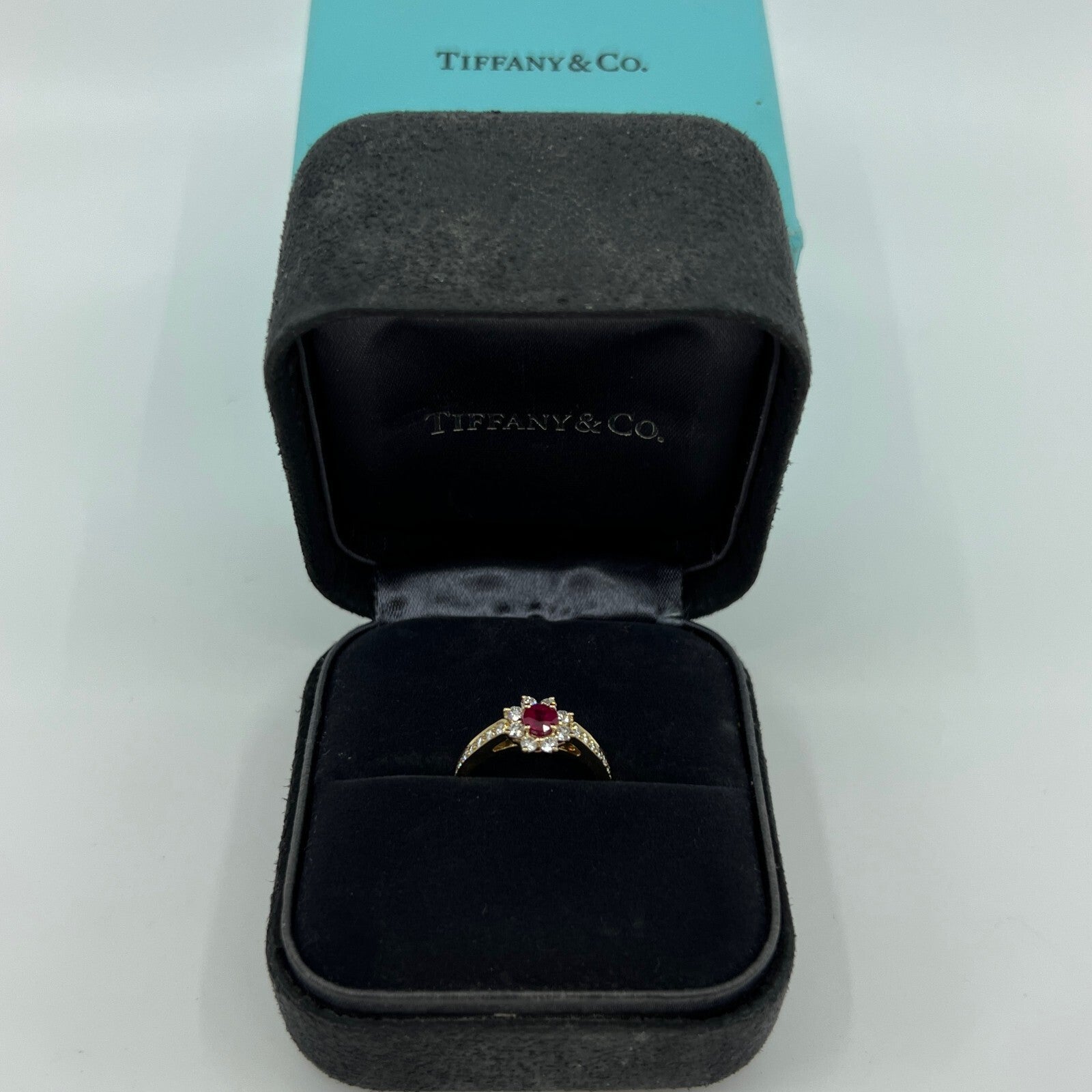Rare Vintage Tiffany & Co. Red Ruby Diamond Flower 18k Yellow Gold Cluster Ring — view 2