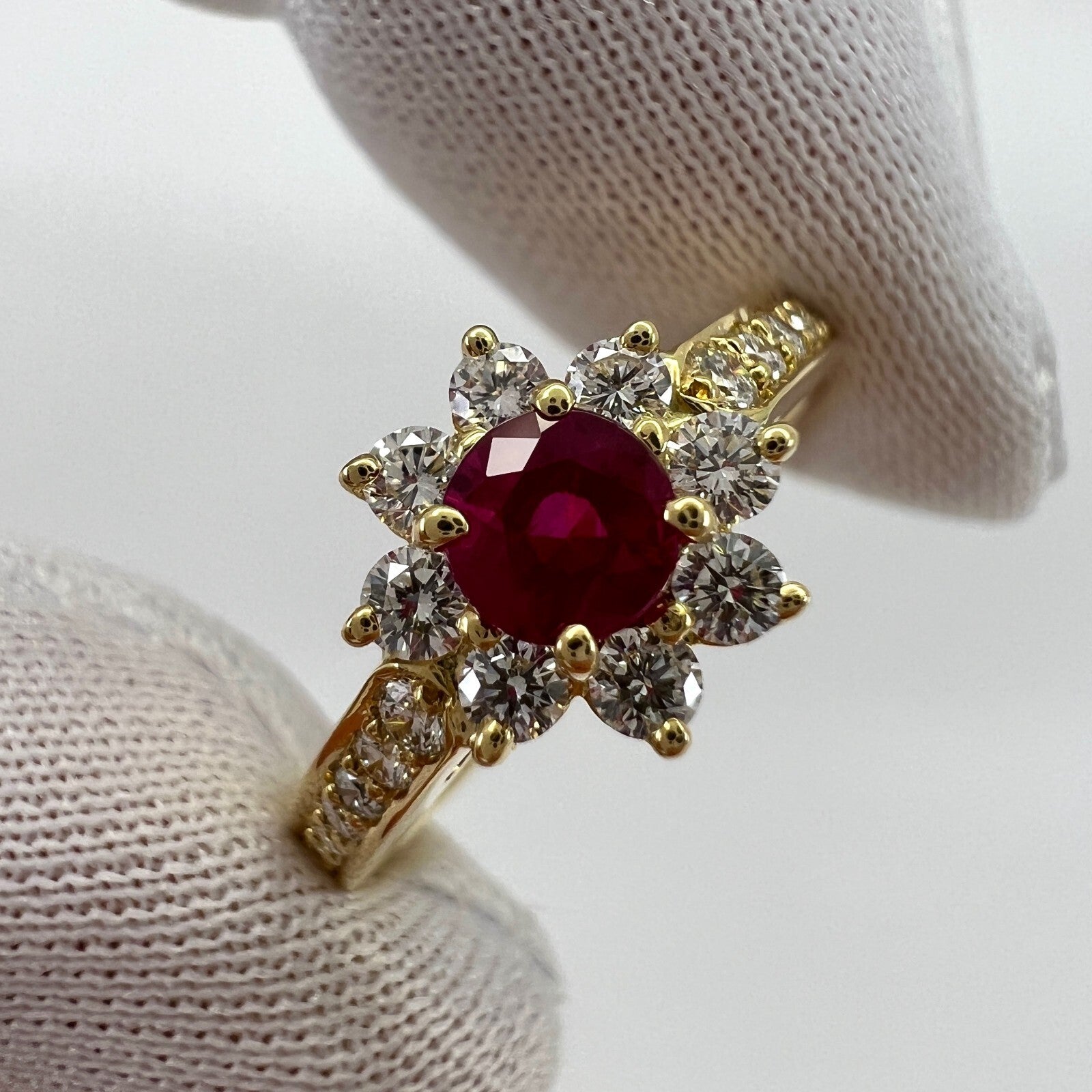 Rare Vintage Tiffany & Co. Red Ruby Diamond Flower 18k Yellow Gold Cluster Ring — view 4