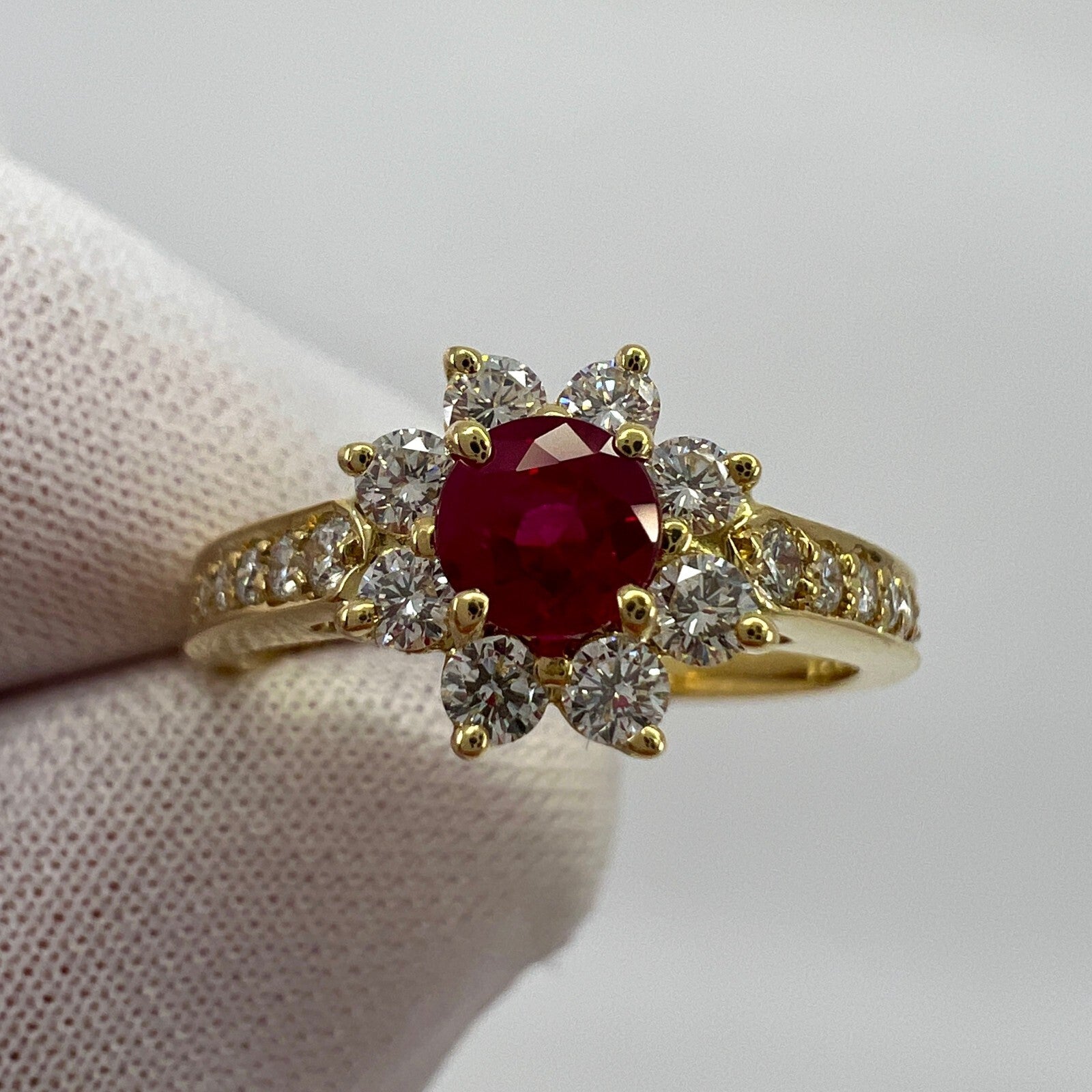 Rare Vintage Tiffany & Co. Red Ruby Diamond Flower 18k Yellow Gold Cluster Ring — view 5