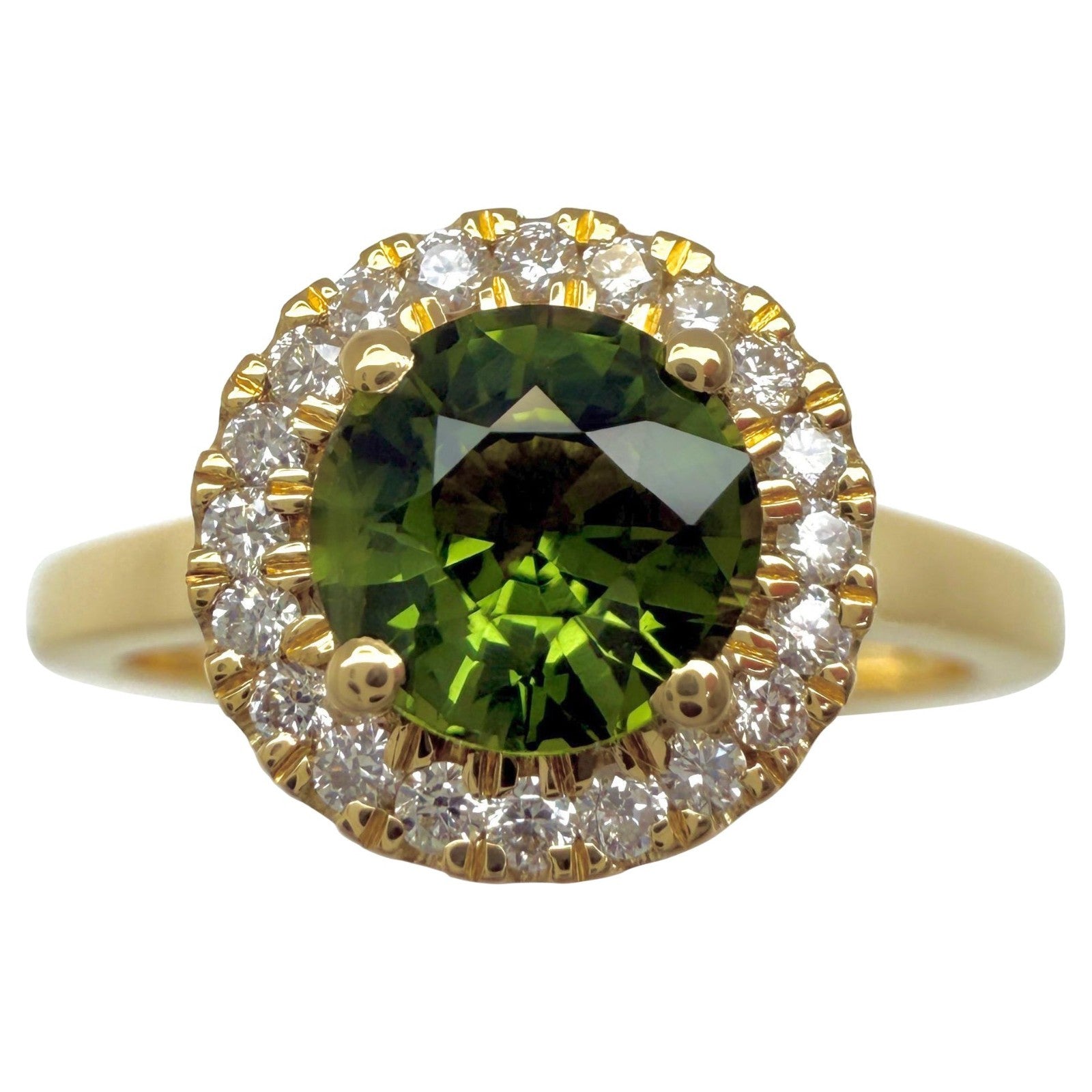 Fine 1.25ct Round Cut Vivid Green Sapphire & Diamond 18k Yellow Gold Halo Ring — view 1