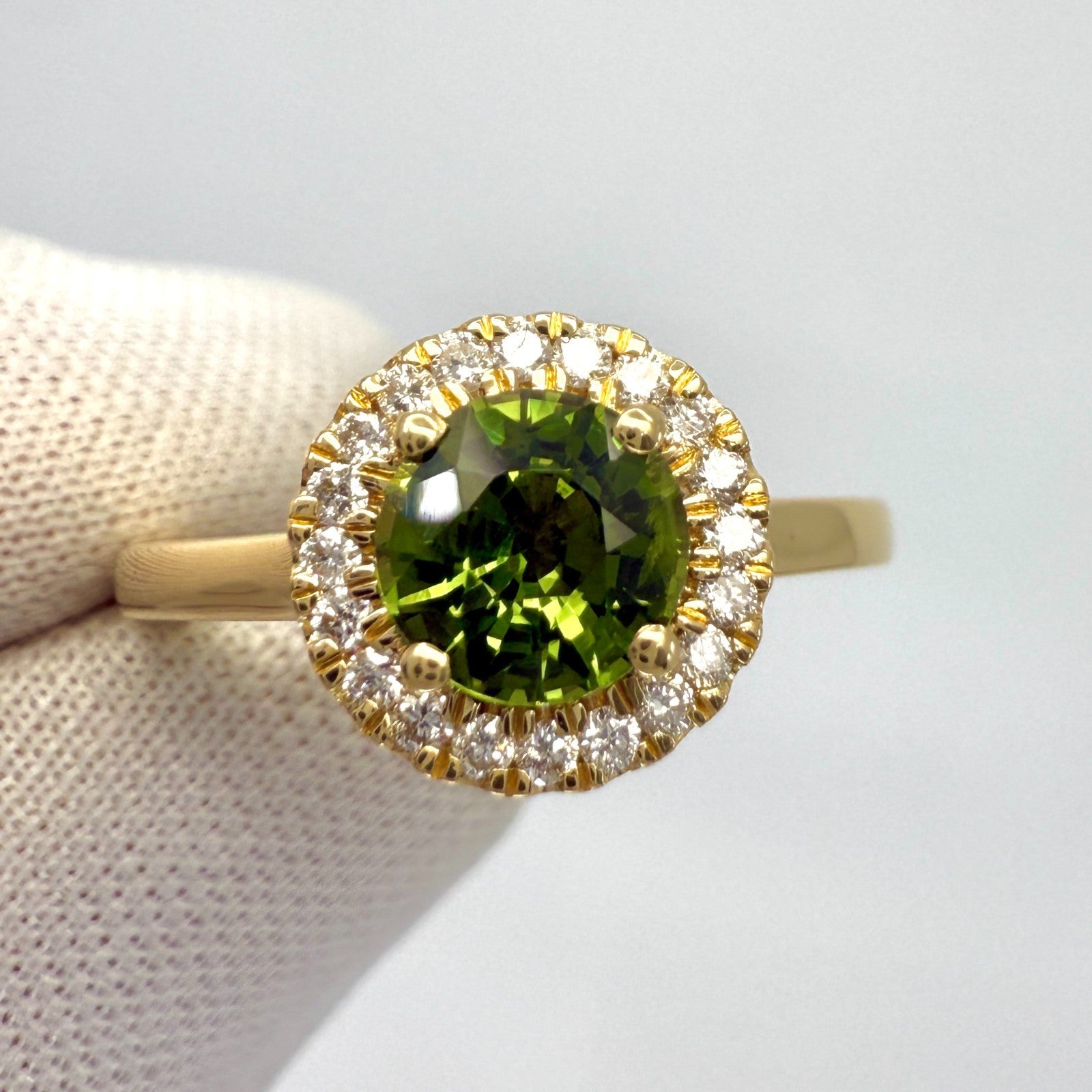 Fine 1.25ct Round Cut Vivid Green Sapphire & Diamond 18k Yellow Gold Halo Ring — view 2