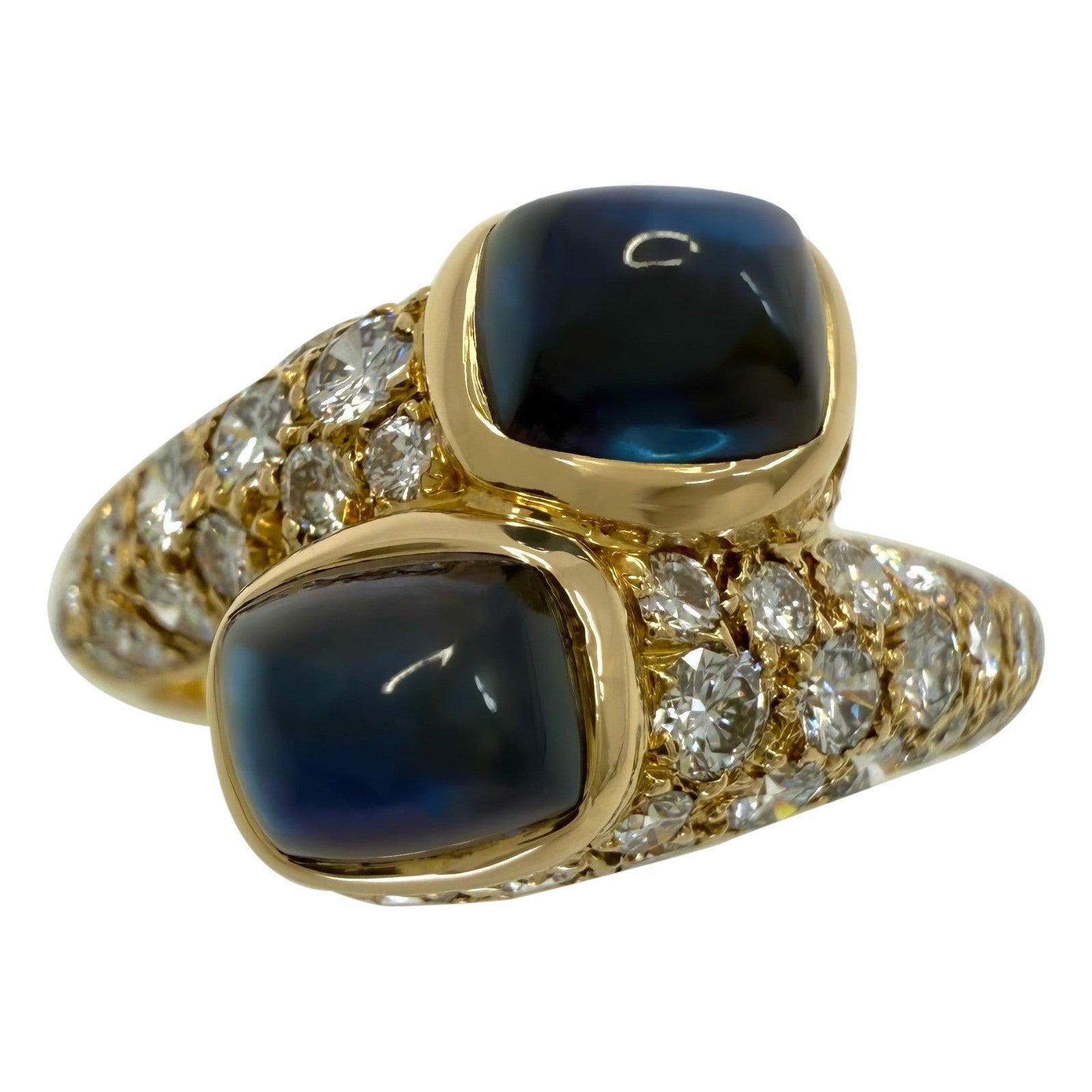 Rare Vintage Cartier Sugarloaf Blue Sapphire & Diamond Mimi 18k Gold Bypass Ring — view 1