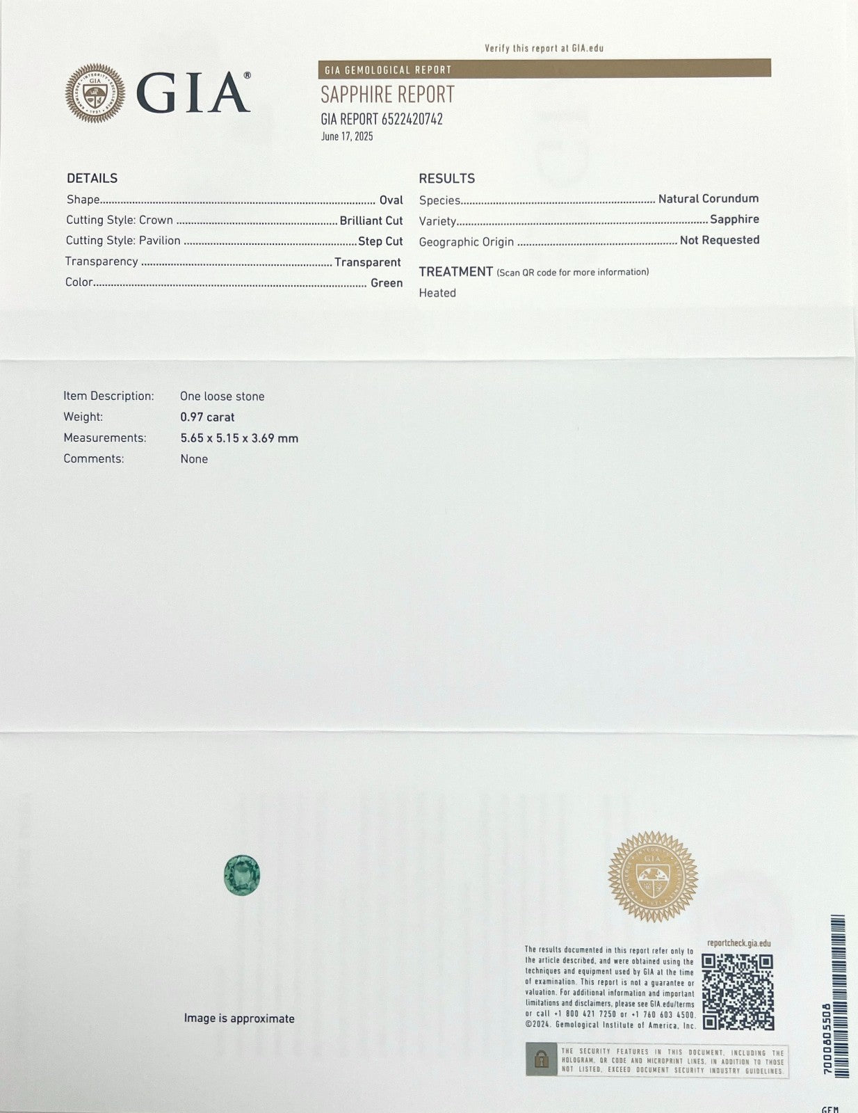GIA CERTIFIED Natural 0.97ct Sapphire Vivid Green Oval Cut Gem 5.6x5.1mm VS — view 2