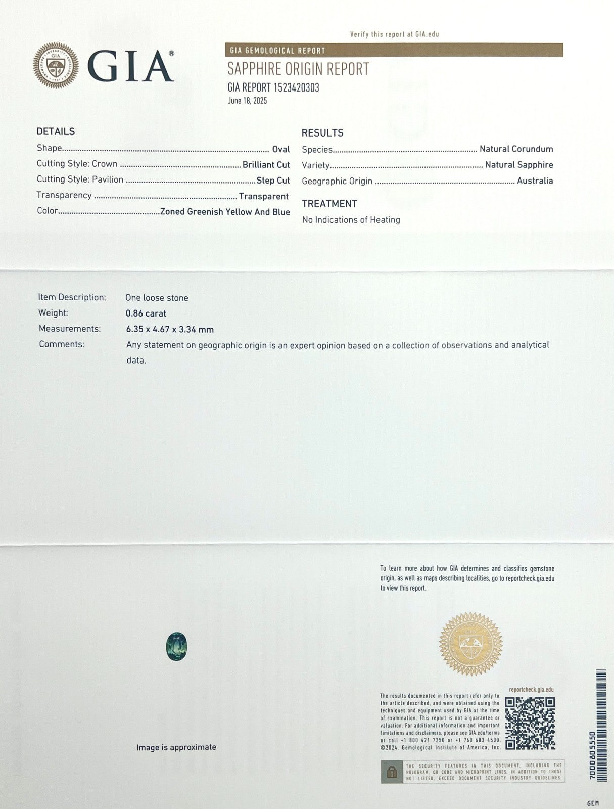 GIA CERTIFIED Australian TRI Colour Sapphire 0.86ct Oval Cut UNTREATED 6.3x4.6mm — view 3
