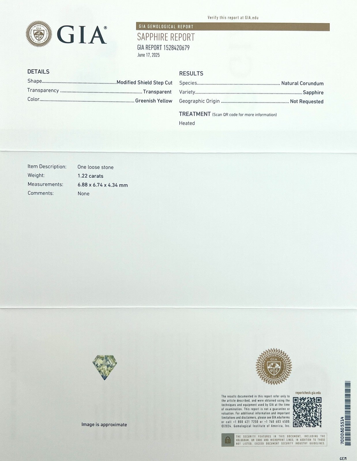 UNIQUE Natural GIA CERTIFIED Yellow Green Sapphire 1.22ct FANCY Shield Cut Gem — view 2