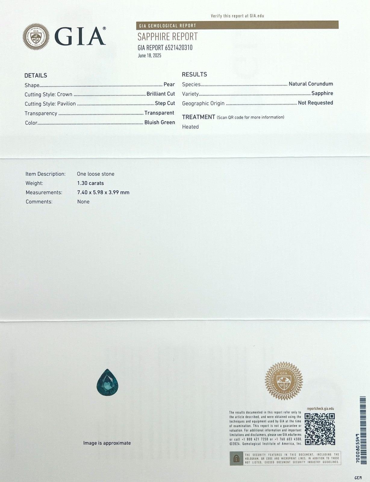 GIA CERTIFIED 1.30ct Sapphire Blue Green Pear Cut Gemstone 7.4x5.9mm VS — view 3