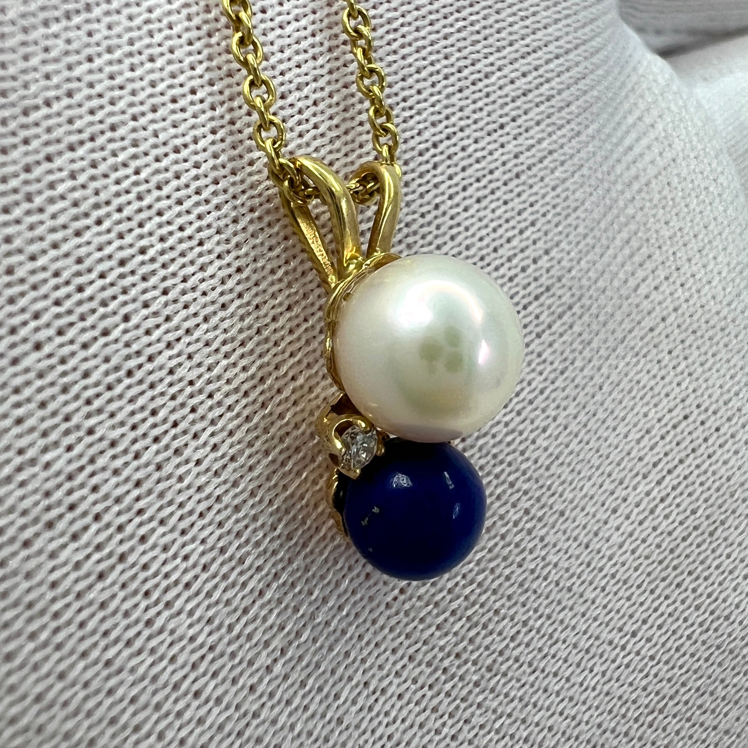Tiffany & Co. Elsa Peretti Pearl, Lapis Lazuli & Diamond 18k Yellow Gold Pendant — view 5