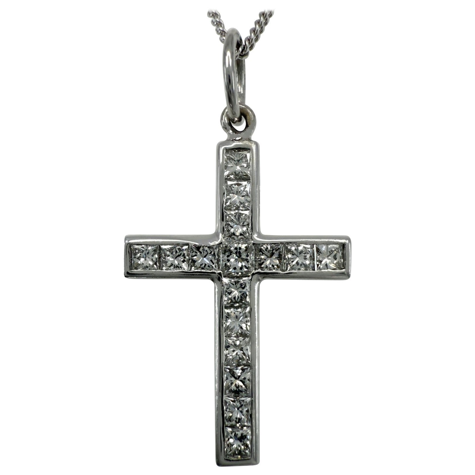 Natural Princess Cut Diamond Cross 18k White Gold Pendant Necklace VVS