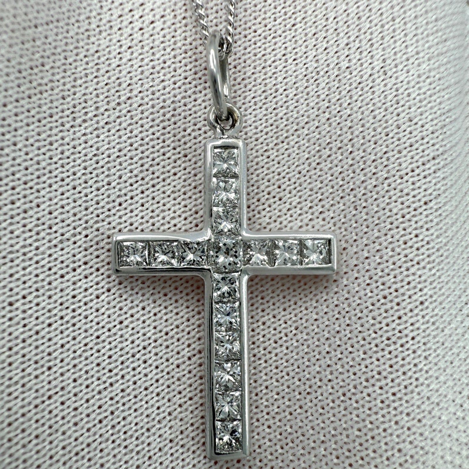 Natural Princess Cut Diamond Cross 18k White Gold Pendant Necklace VVS — view 2