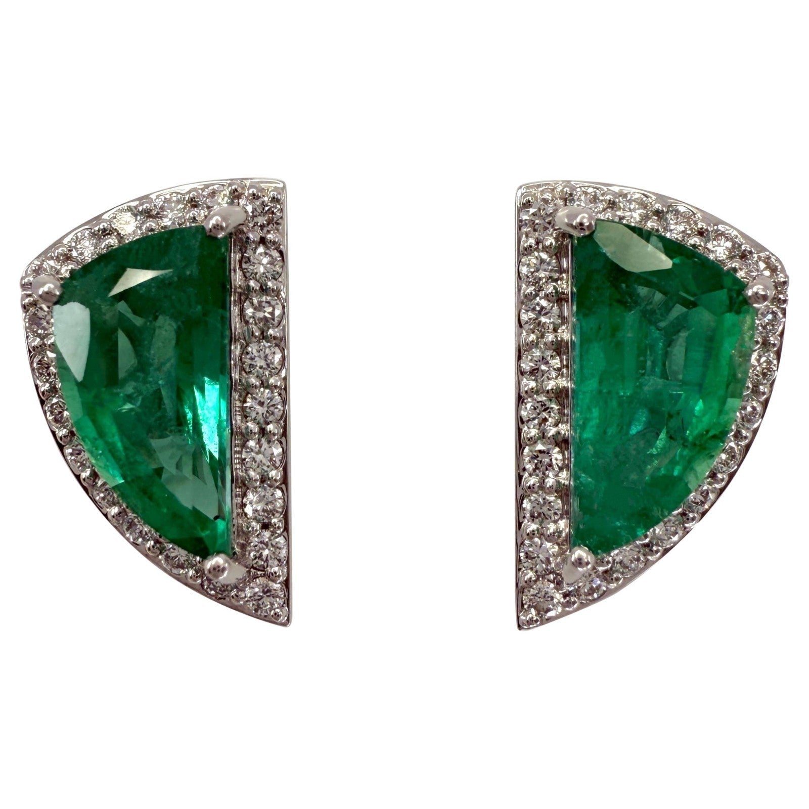 2.31ct Vivid Green Fancy Cut Emerald & Diamond 18k White Gold Halo Earring Studs — view 1