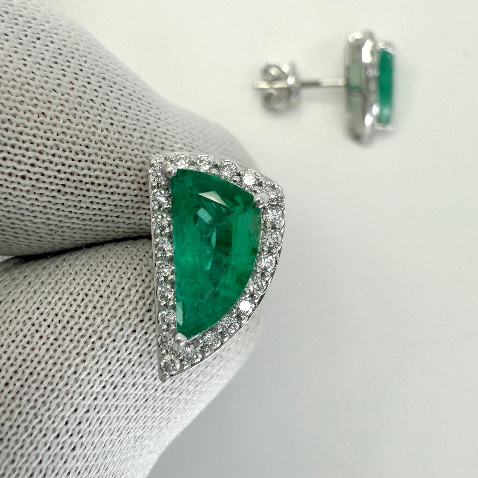 2.31ct Vivid Green Fancy Cut Emerald & Diamond 18k White Gold Halo Earring Studs — view 2