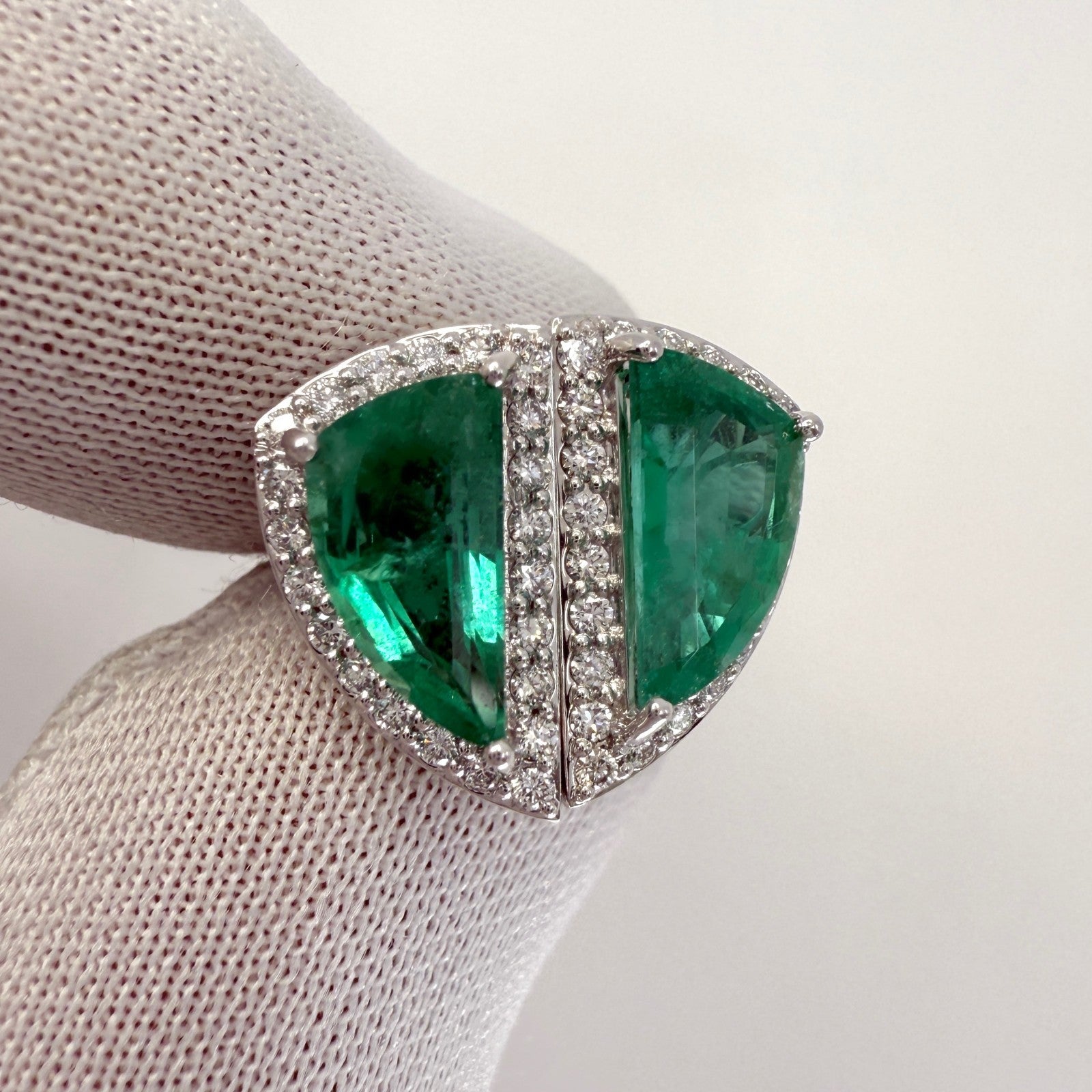 2.31ct Vivid Green Fancy Cut Emerald & Diamond 18k White Gold Halo Earring Studs — view 3