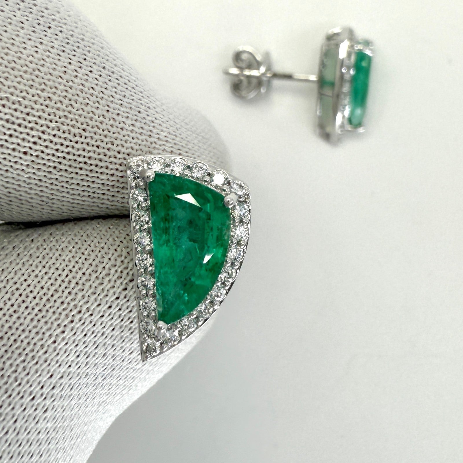 2.31ct Vivid Green Fancy Cut Emerald & Diamond 18k White Gold Halo Earring Studs — view 4