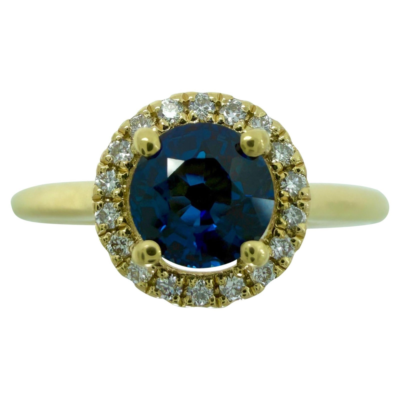 Fine Natural Round Cut Royal Blue Sapphire And Diamond 18k Yellow Gold Halo Ring — view 1