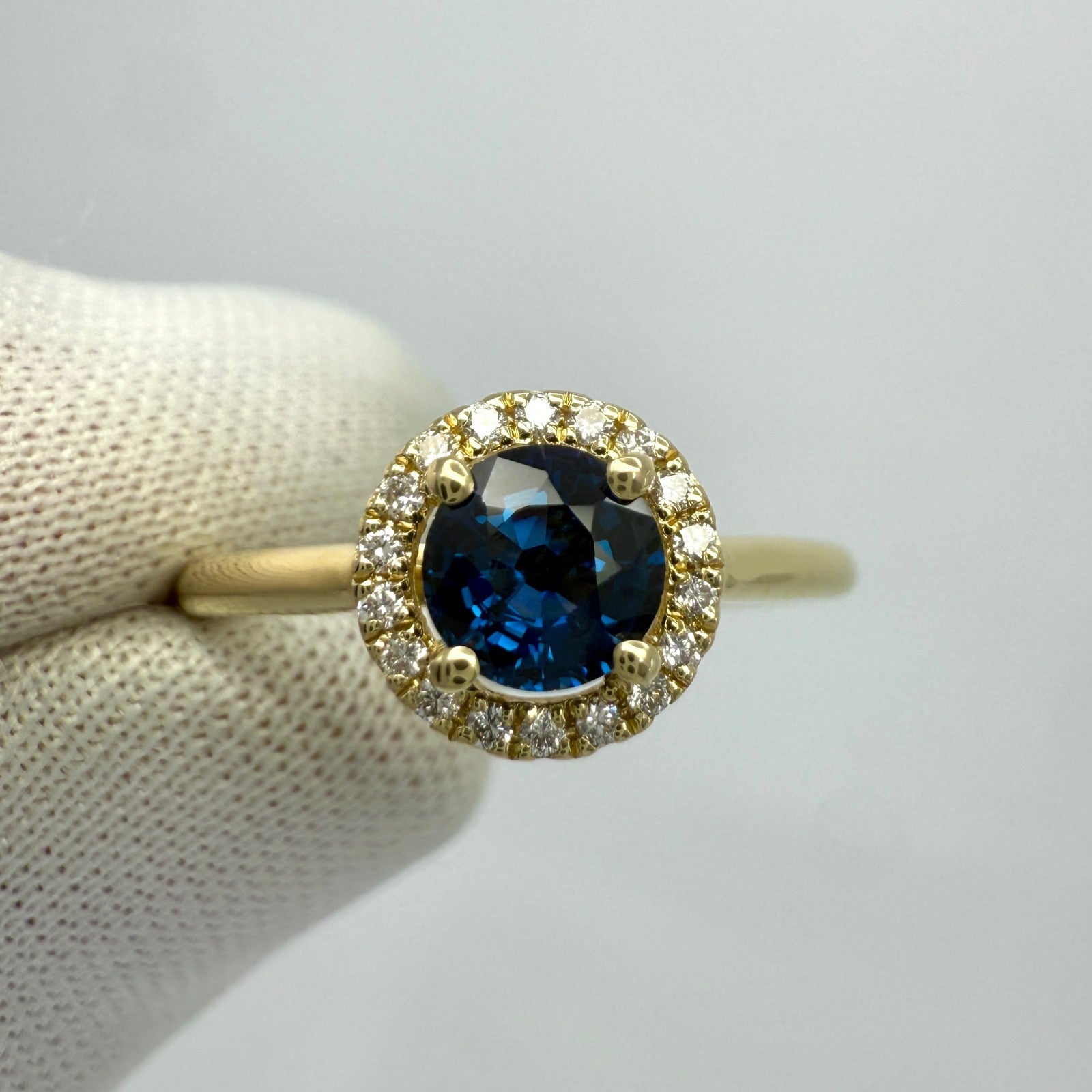 Fine Natural Round Cut Royal Blue Sapphire And Diamond 18k Yellow Gold Halo Ring — view 3