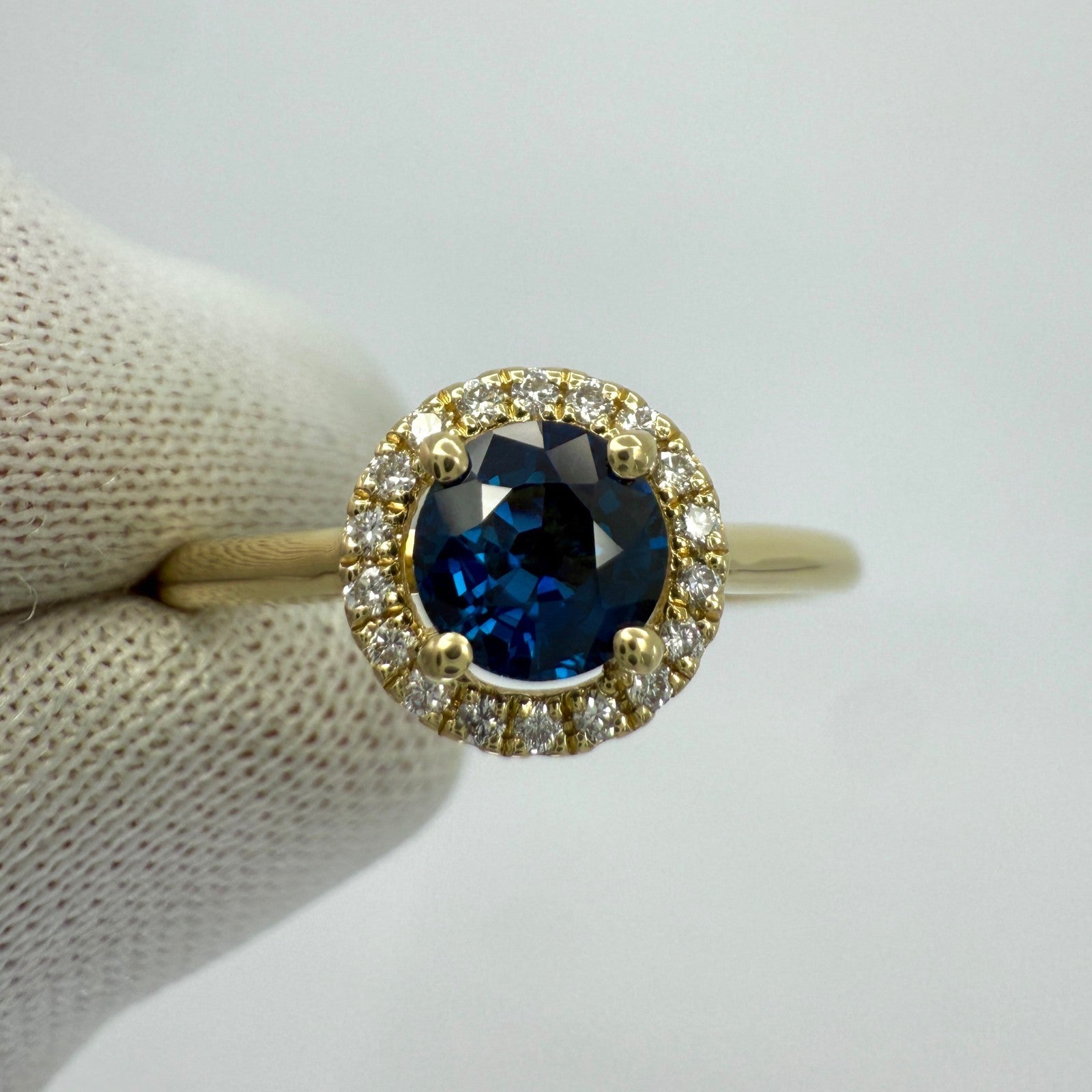 Fine Natural Round Cut Royal Blue Sapphire And Diamond 18k Yellow Gold Halo Ring — view 5