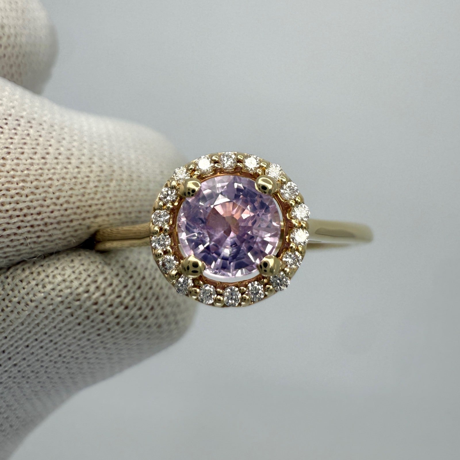 Natural 0.95ct Round Cut Pink Purple Sapphire Diamond 18k Yellow Gold Halo Ring — view 2