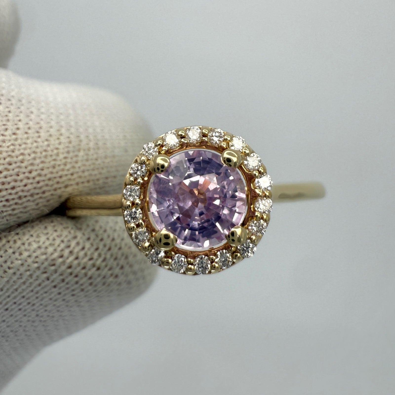 Natural 0.95ct Round Cut Pink Purple Sapphire Diamond 18k Yellow Gold Halo Ring — view 4